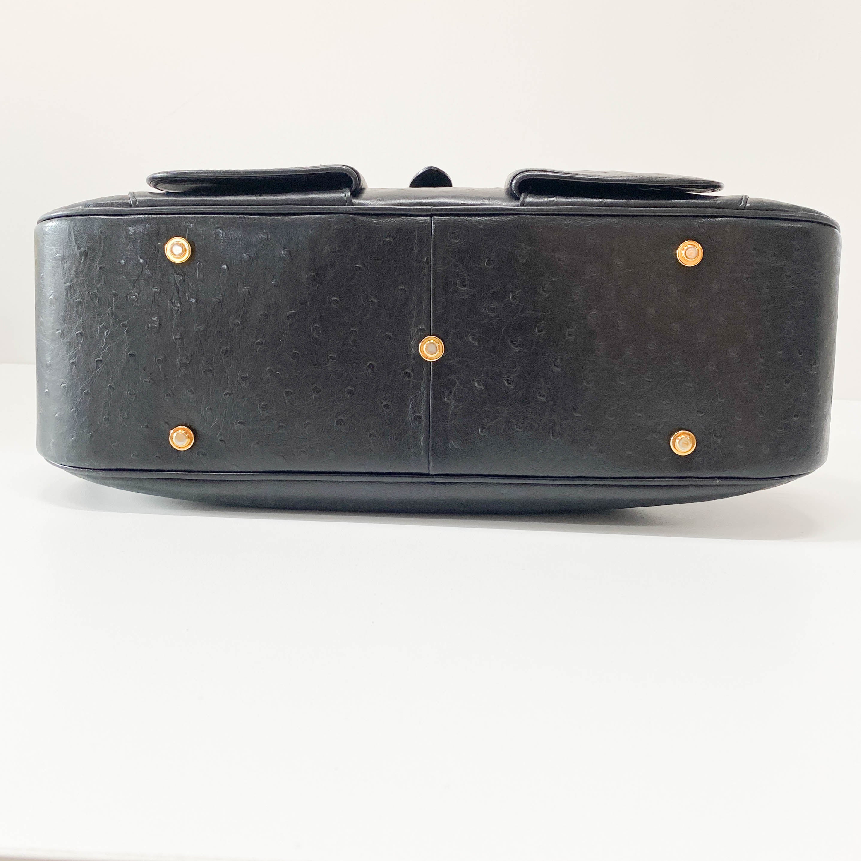 Double Saddle Black Ostrich Hand Bag