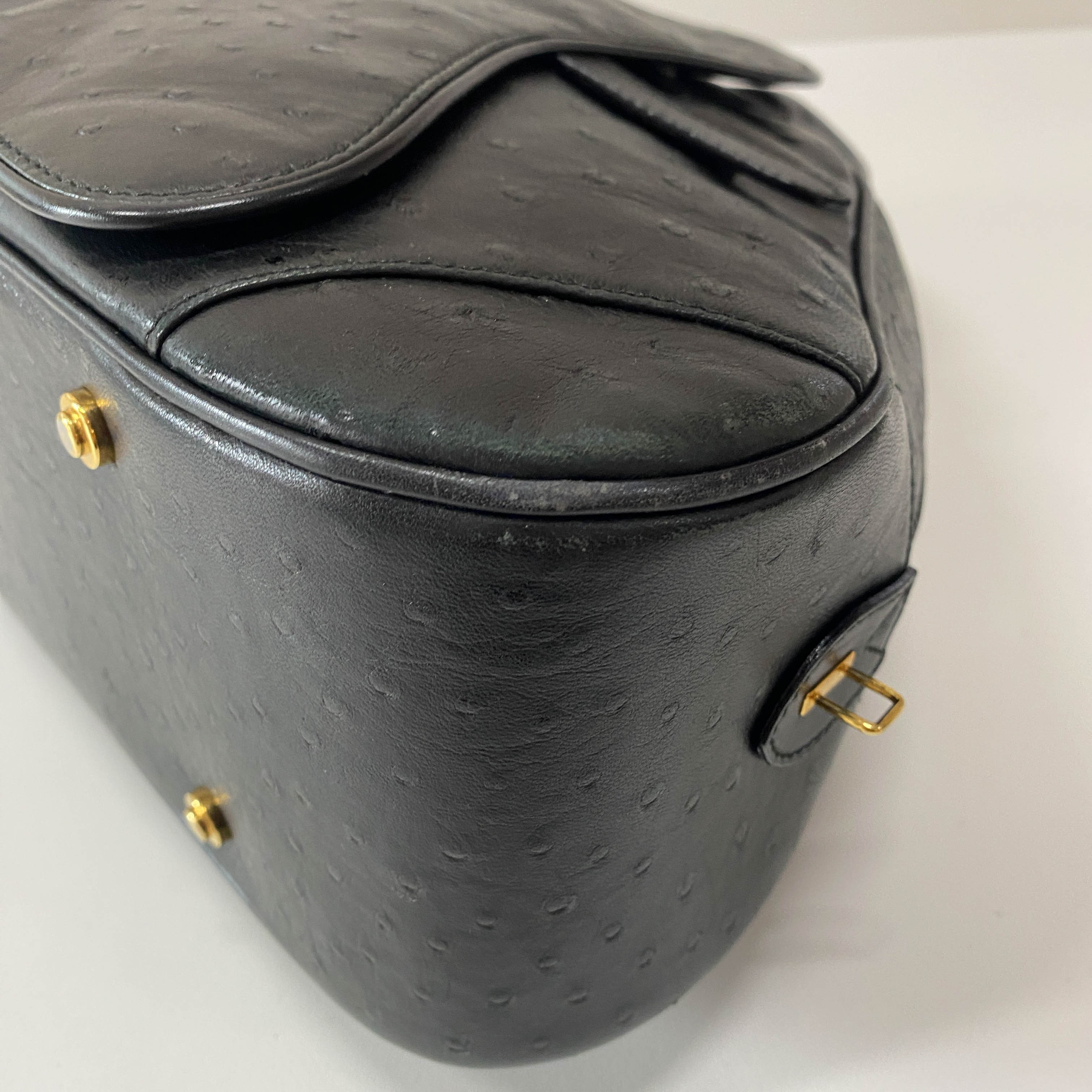 Double Saddle Black Ostrich Hand Bag
