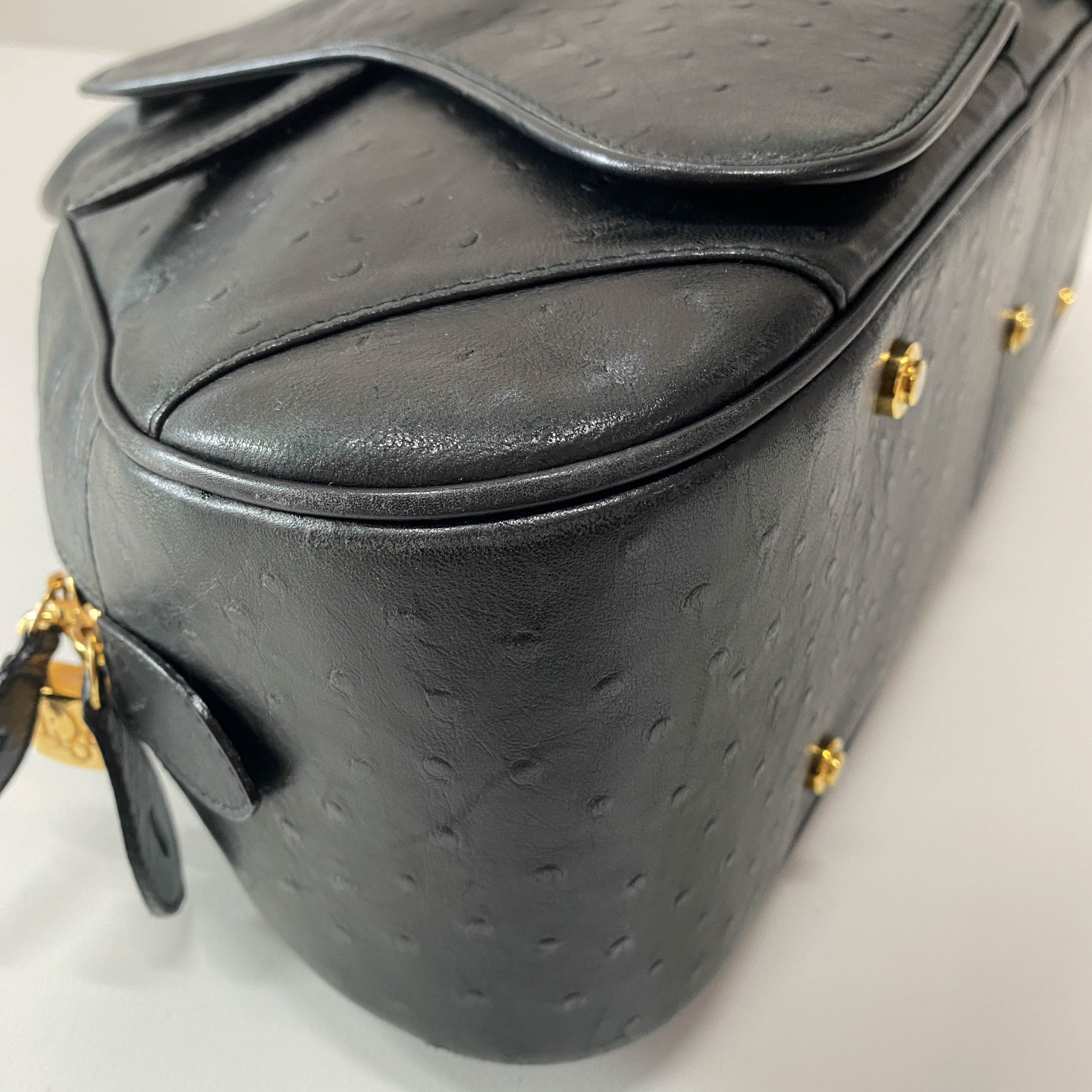 Double Saddle Black Ostrich Hand Bag