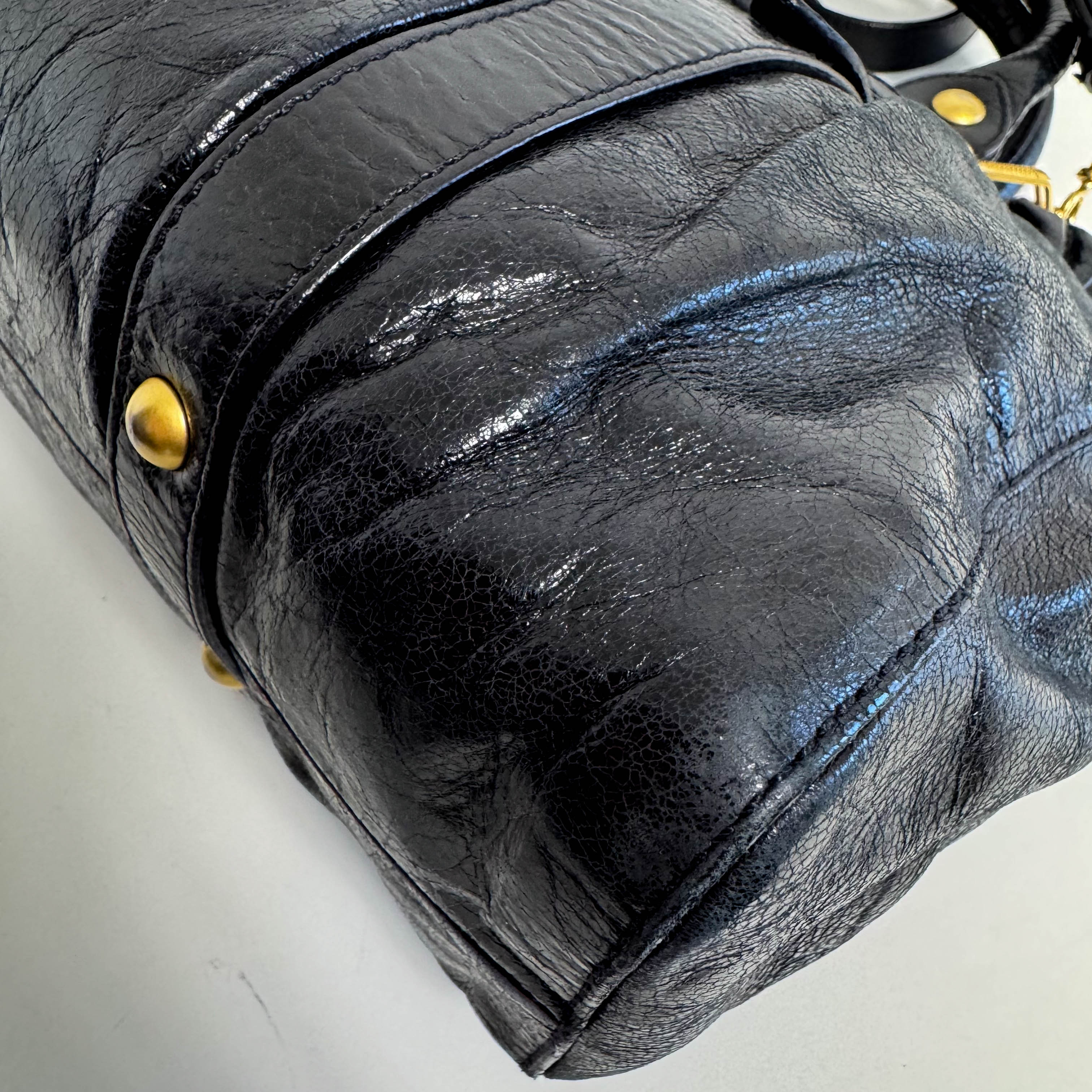 Vitello Black Leather Top Handle Bag