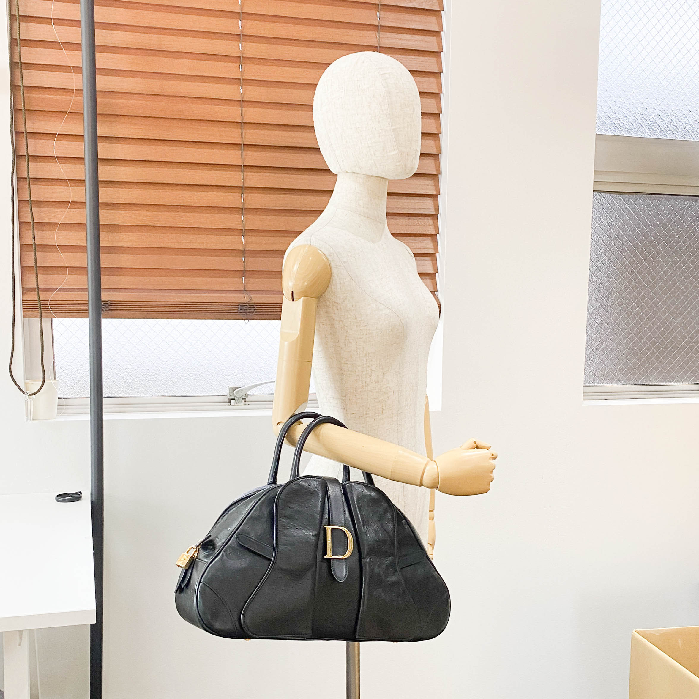 Double Saddle Black Ostrich Hand Bag