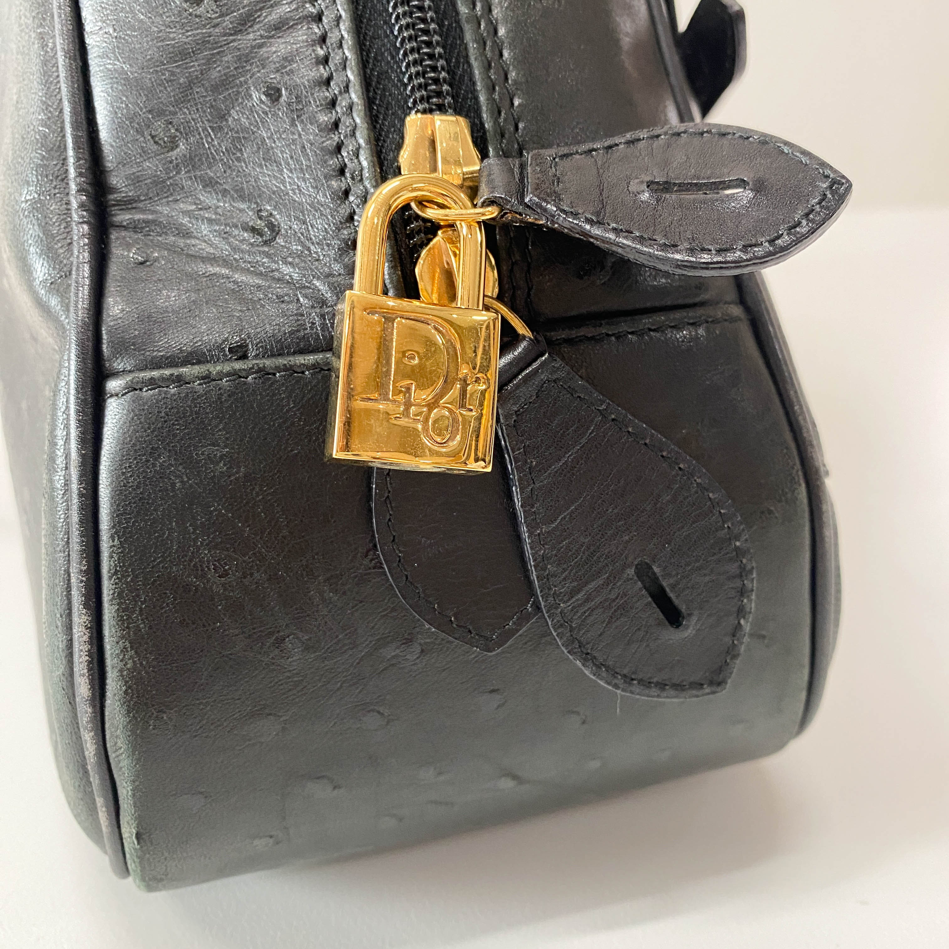 Double Saddle Black Ostrich Hand Bag