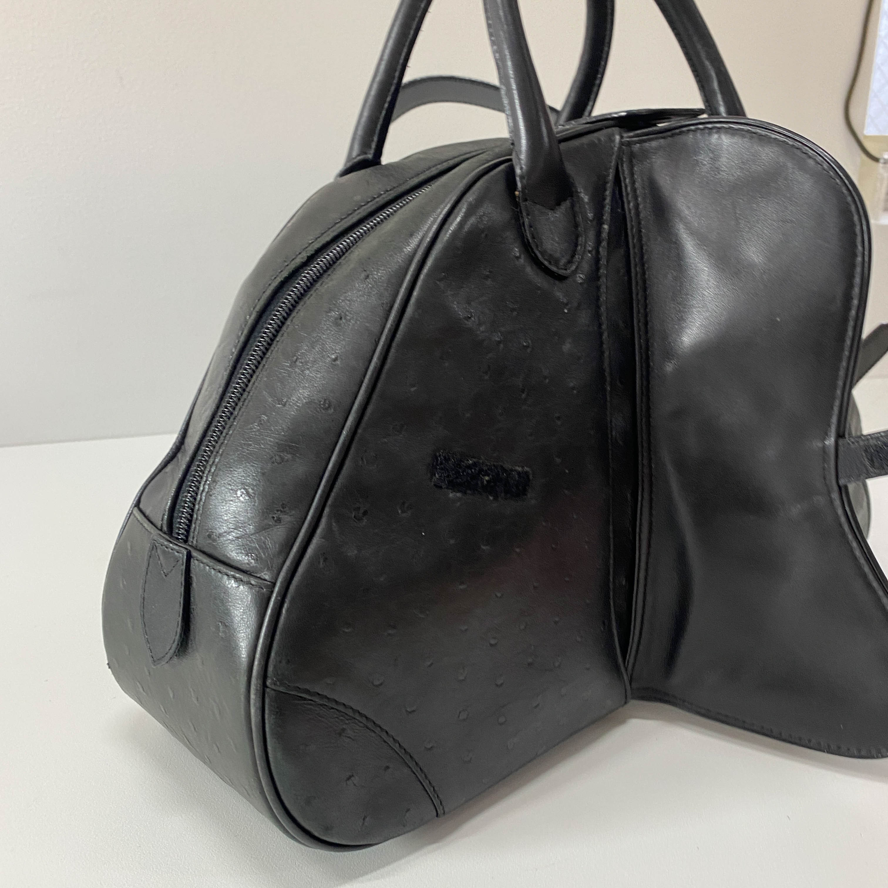 Double Saddle Black Ostrich Hand Bag