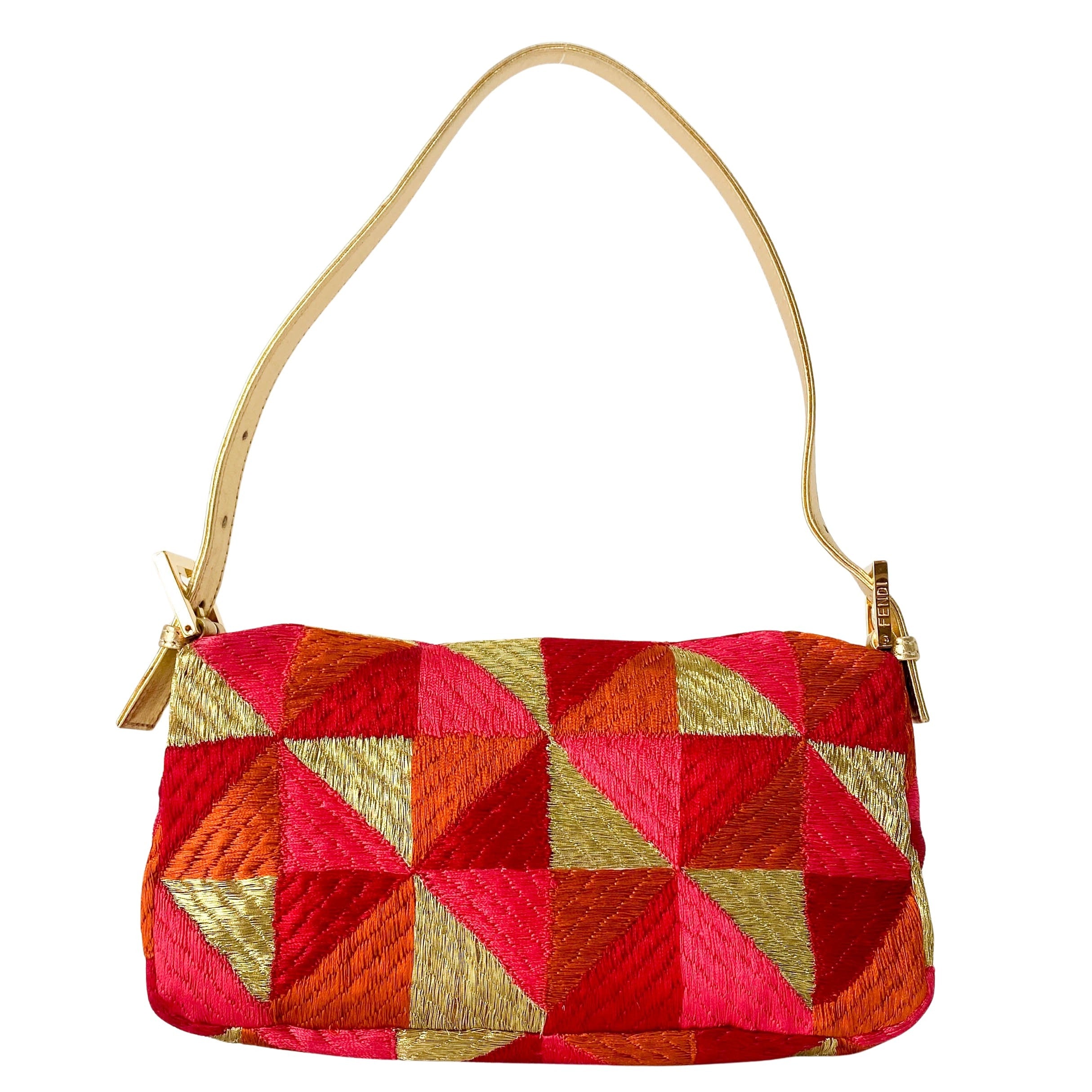 Baguette Patchwork Gold/ Pink/ Orange/ Red Embroidered Silk Gold Hardware Shoulder Bag