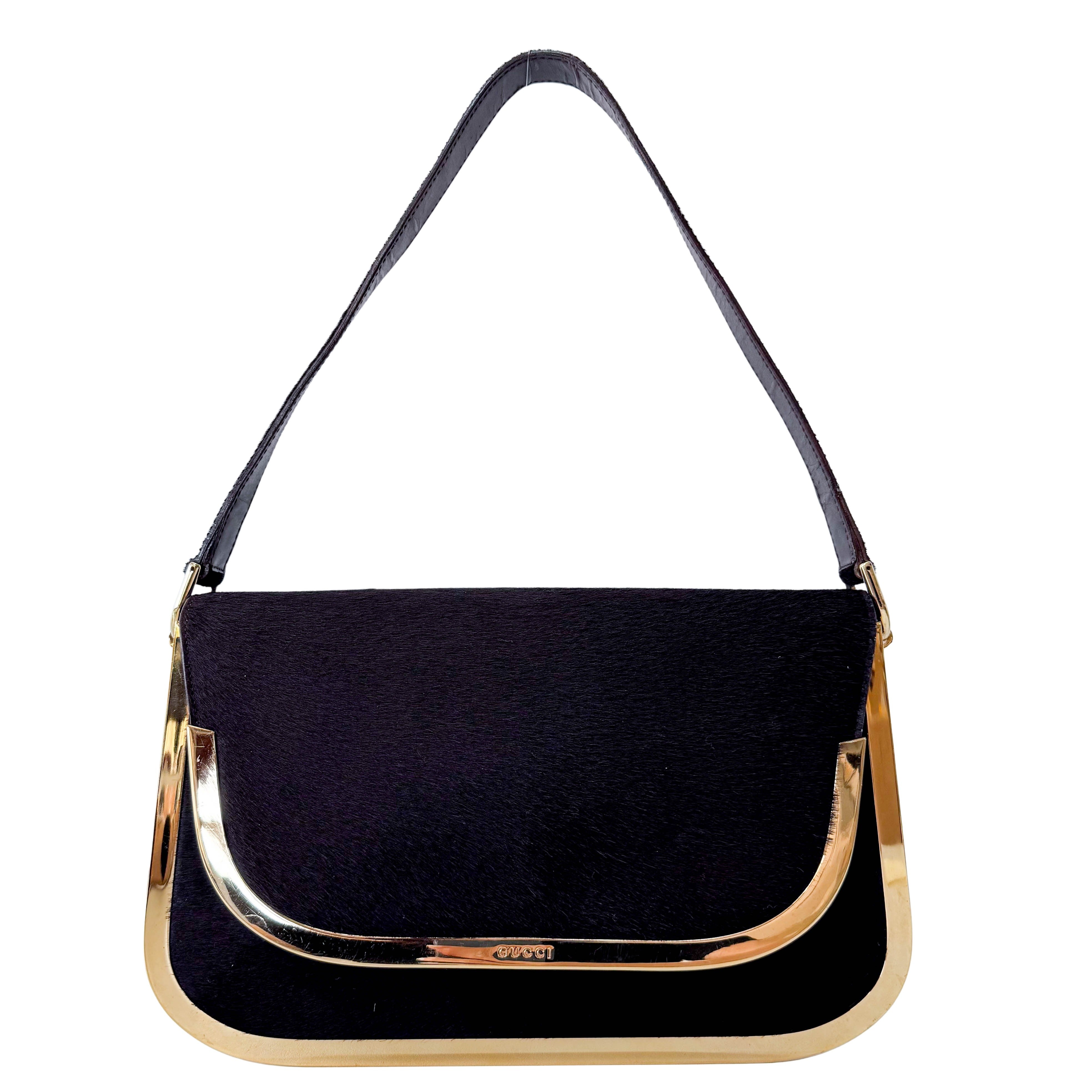 Black Pony Hair with Gold Frame Flap Bag