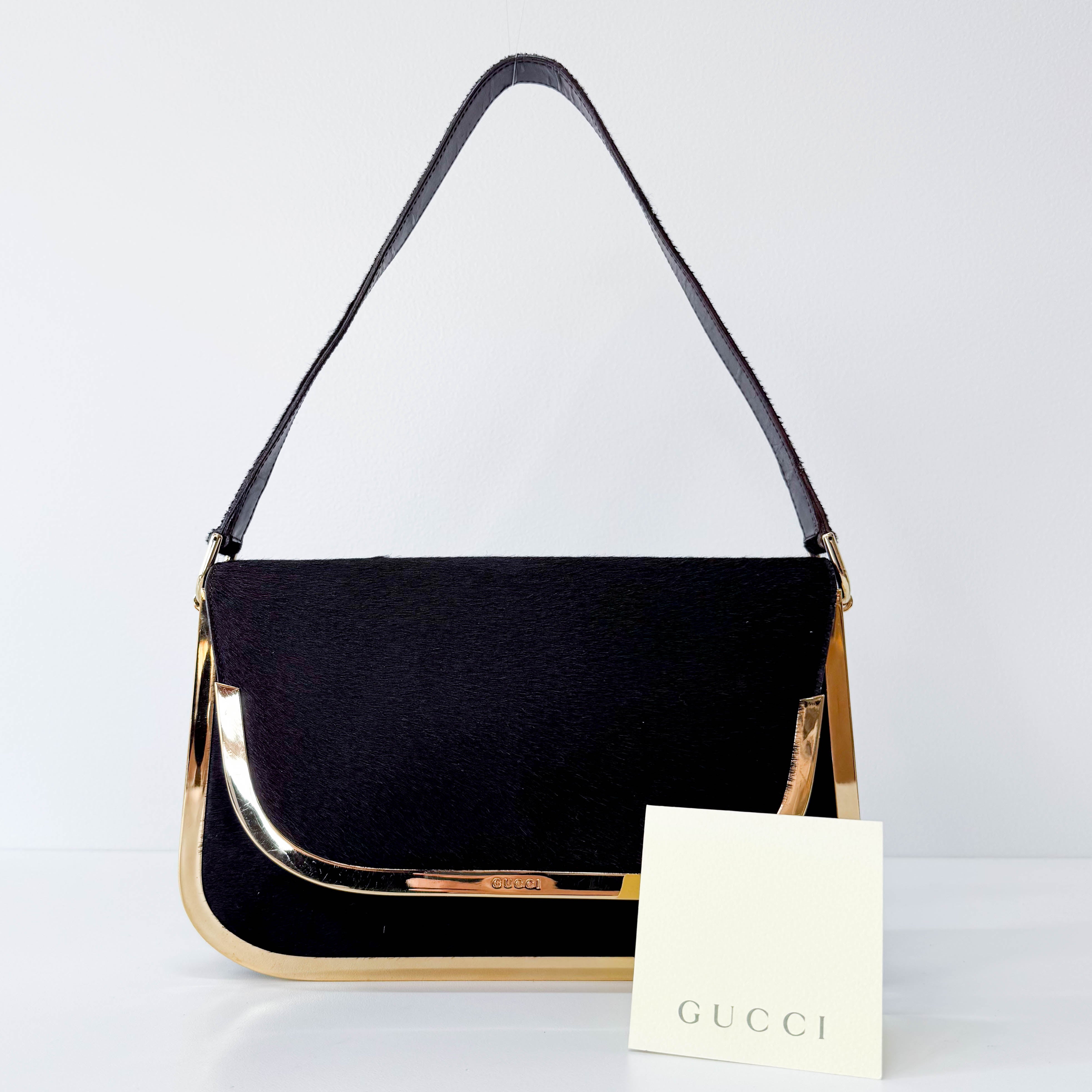 Black Pony Hair with Gold Frame Flap Bag