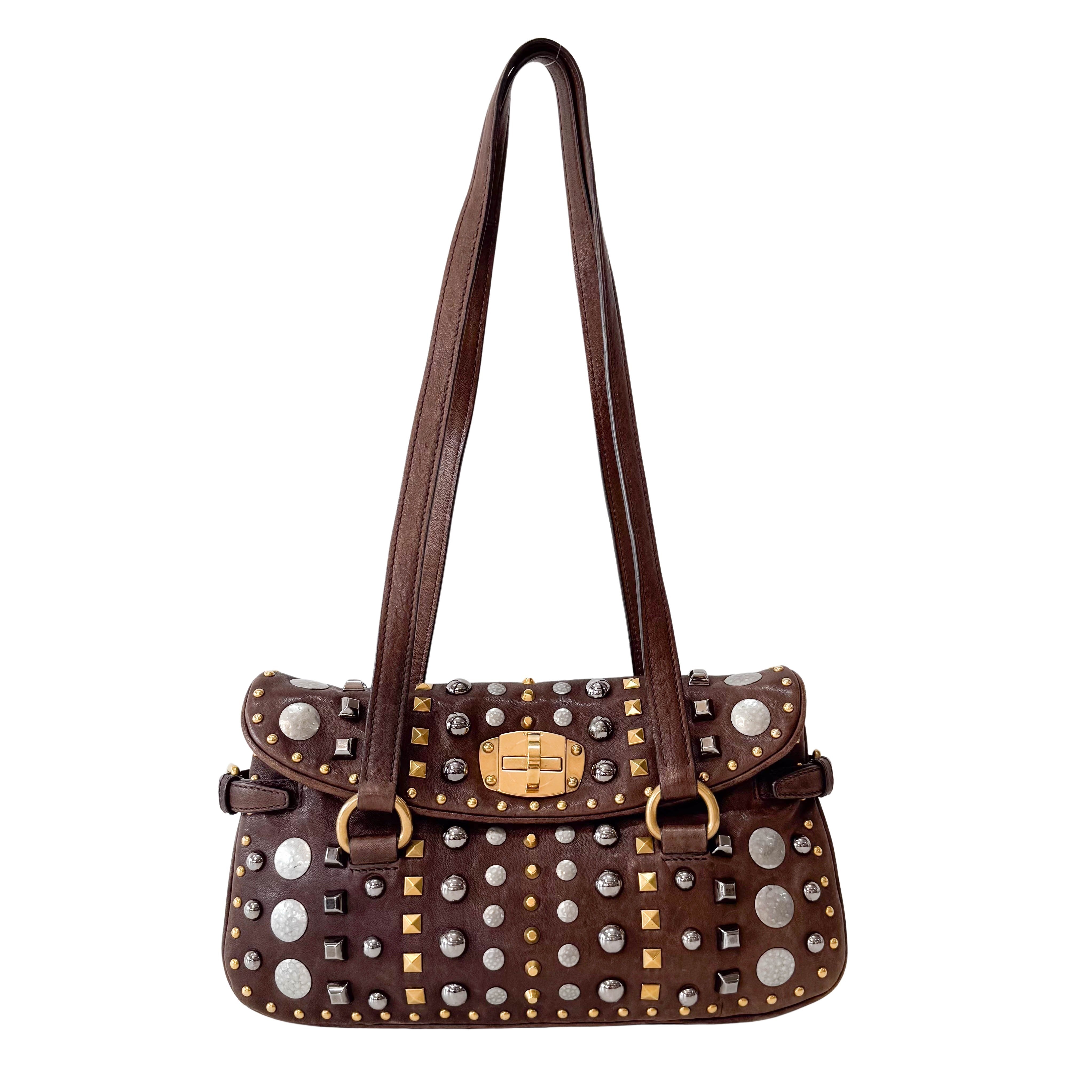 Brown Leather with Metal Studs Apliccation Bag