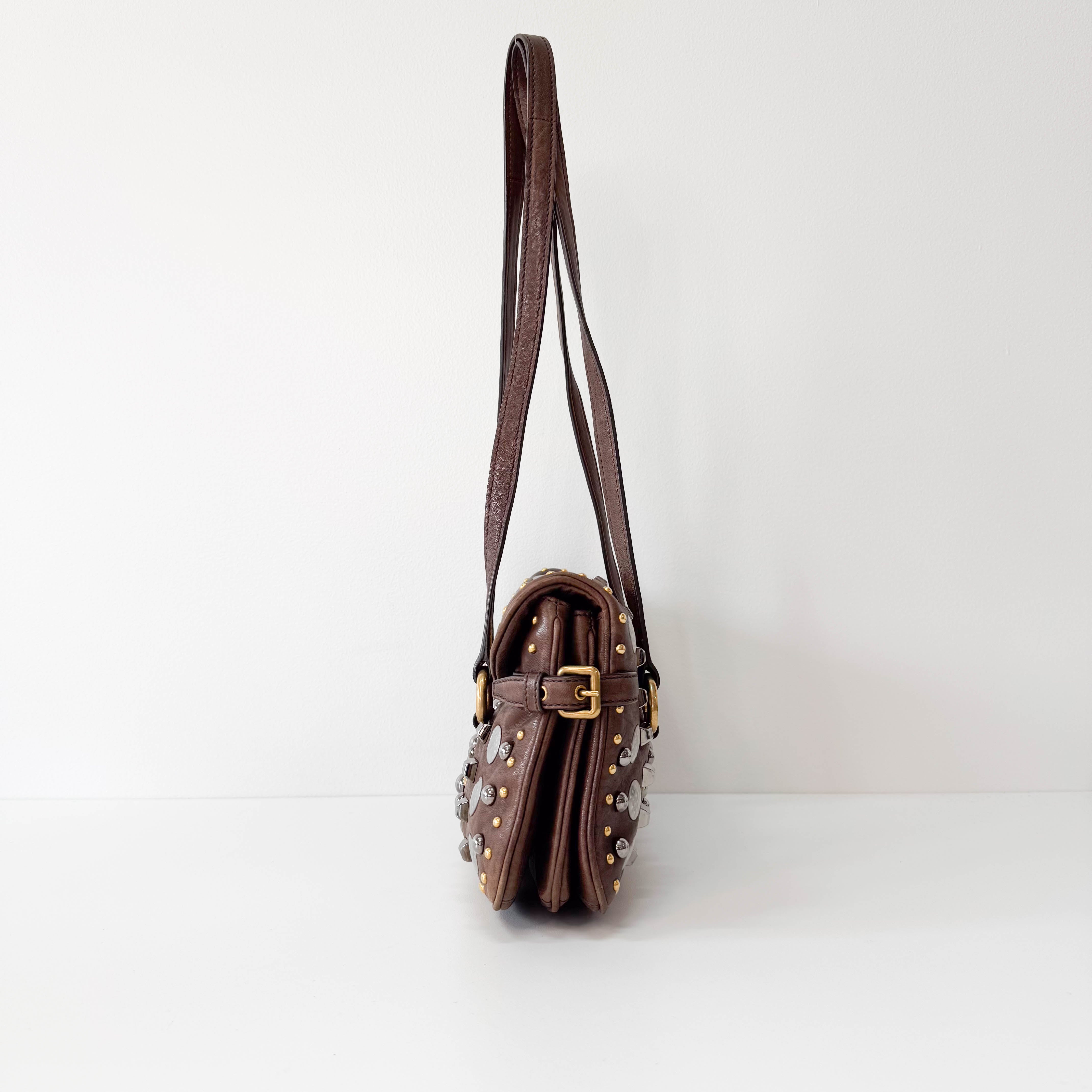 Brown Leather with Metal Studs Apliccation Bag