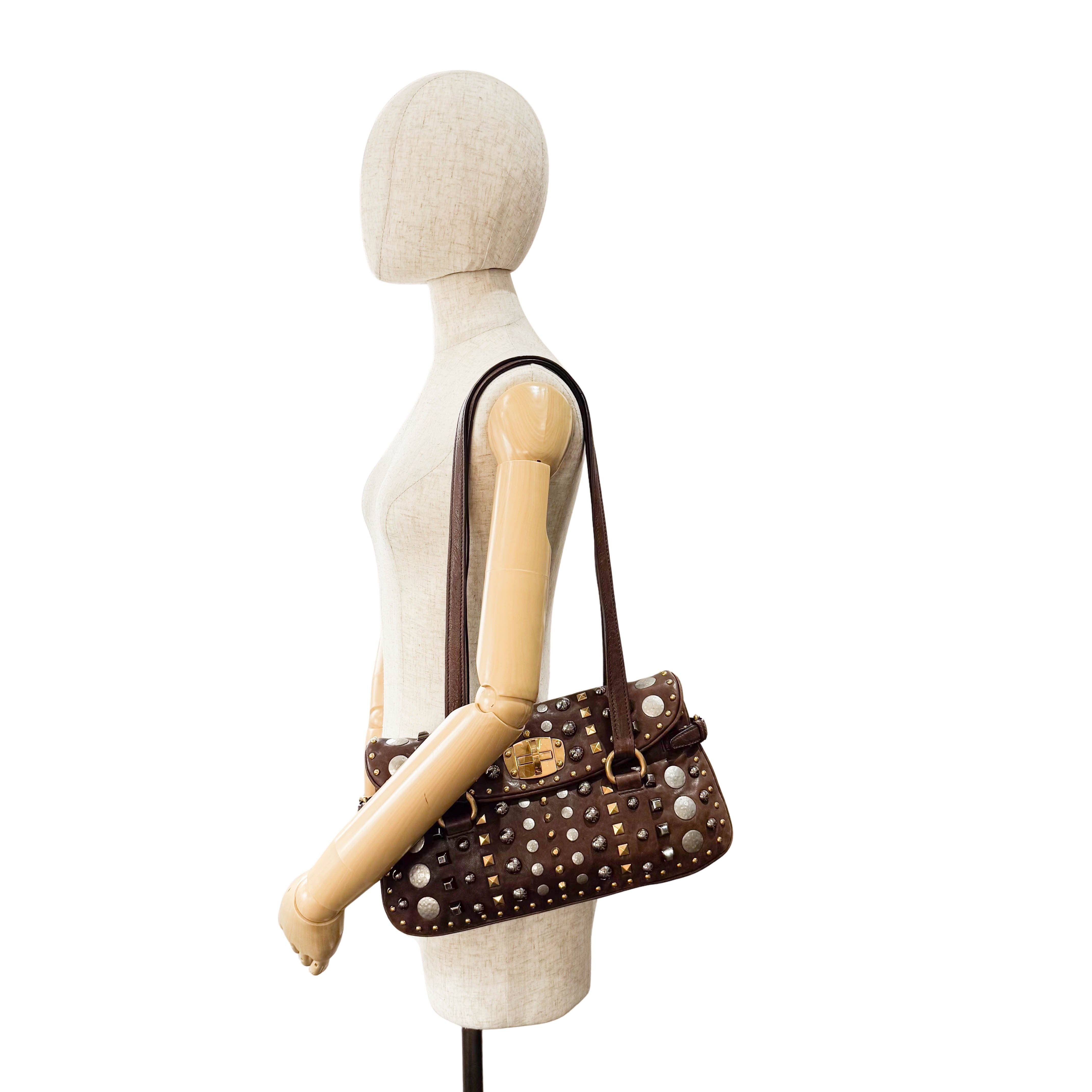 Brown Leather with Metal Studs Apliccation Bag