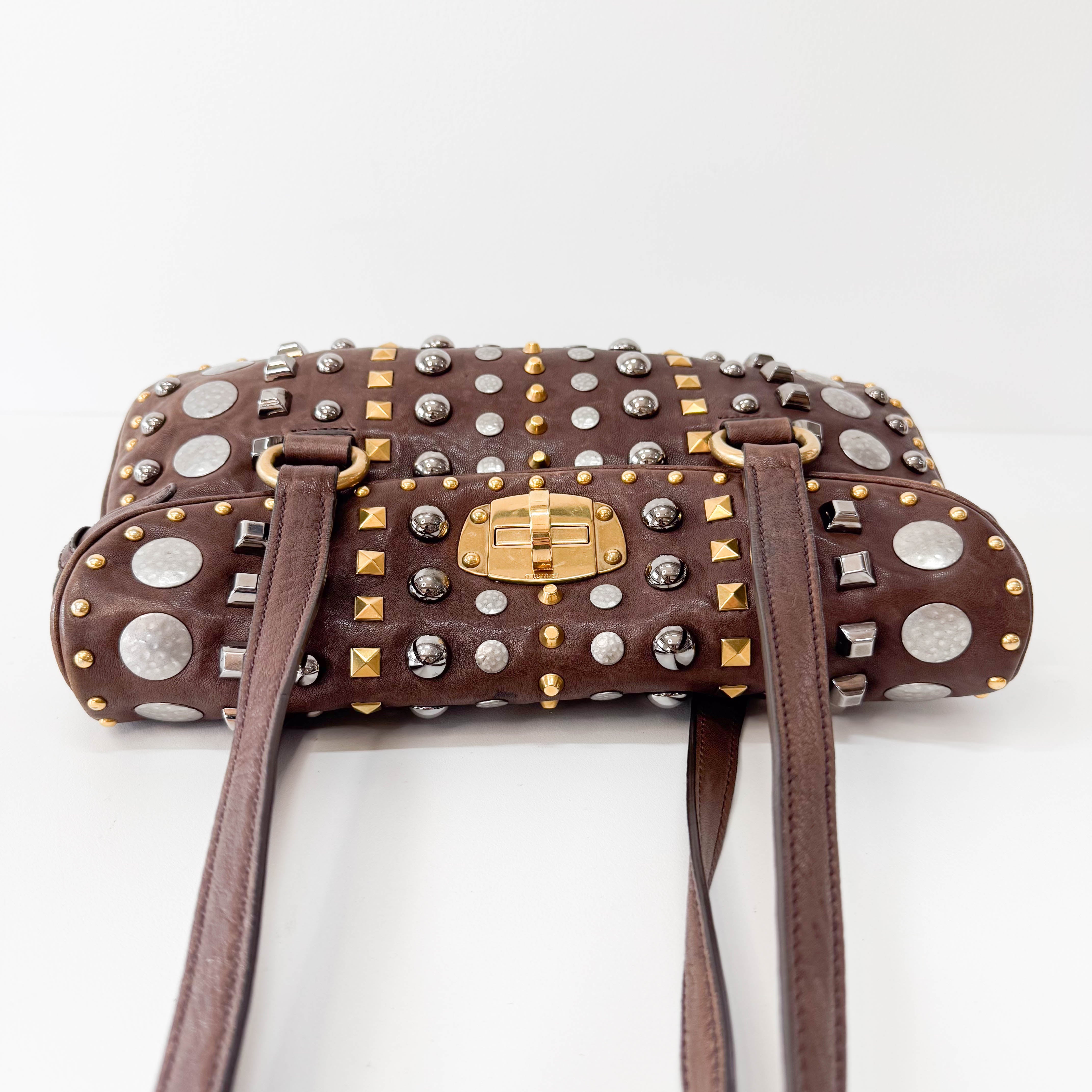Brown Leather with Metal Studs Apliccation Bag