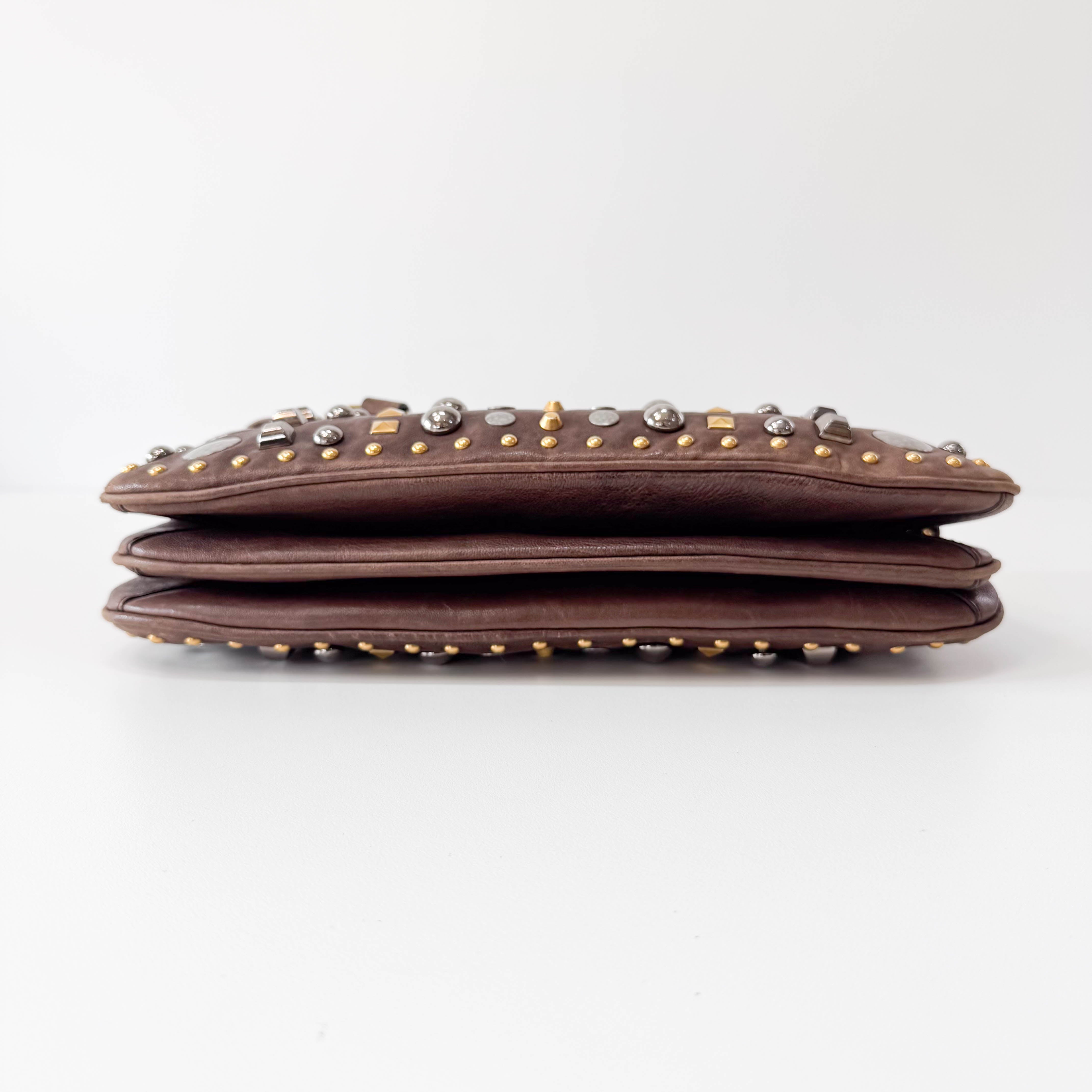 Brown Leather with Metal Studs Apliccation Bag