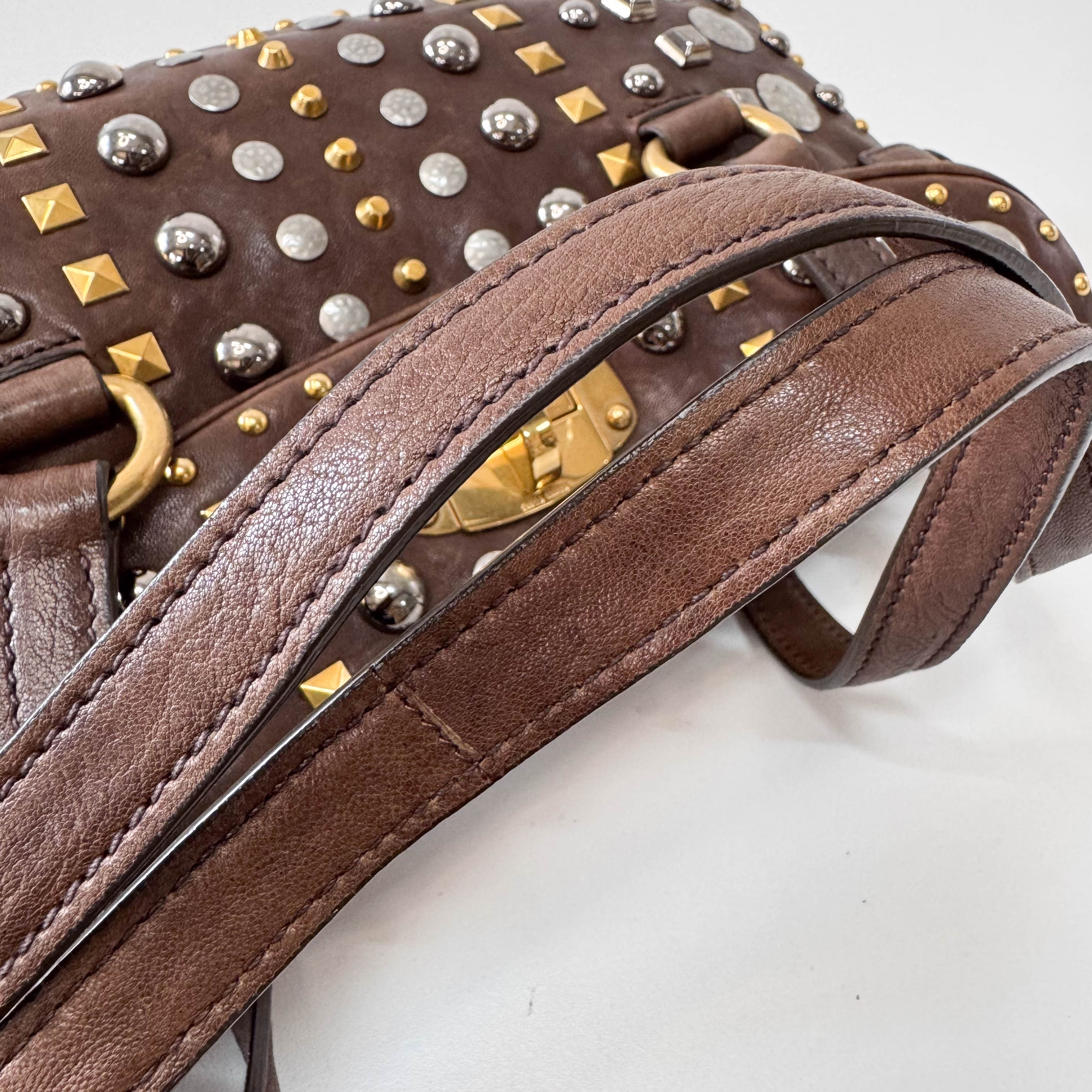 Brown Leather with Metal Studs Apliccation Bag