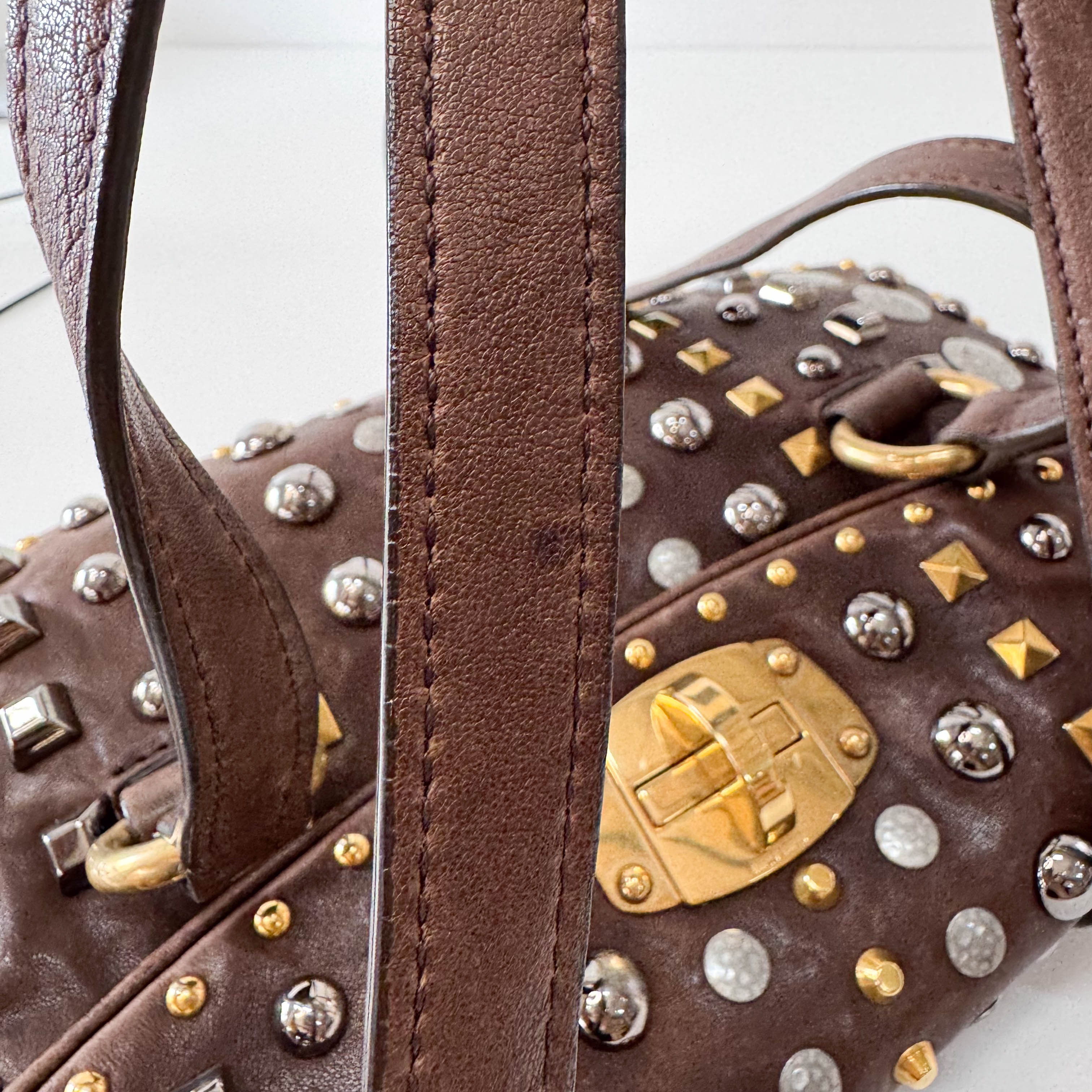 Brown Leather with Metal Studs Apliccation Bag