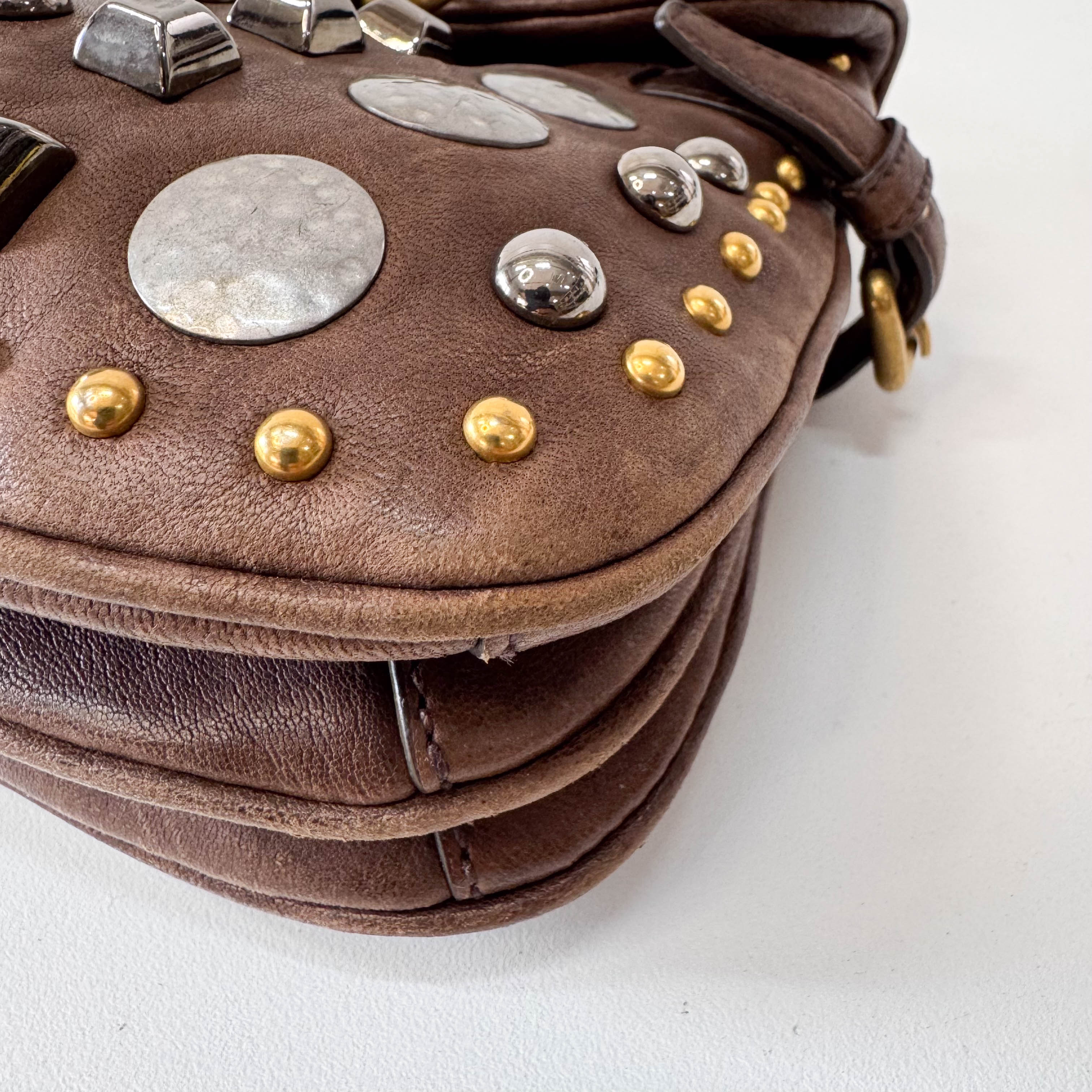 Brown Leather with Metal Studs Apliccation Bag