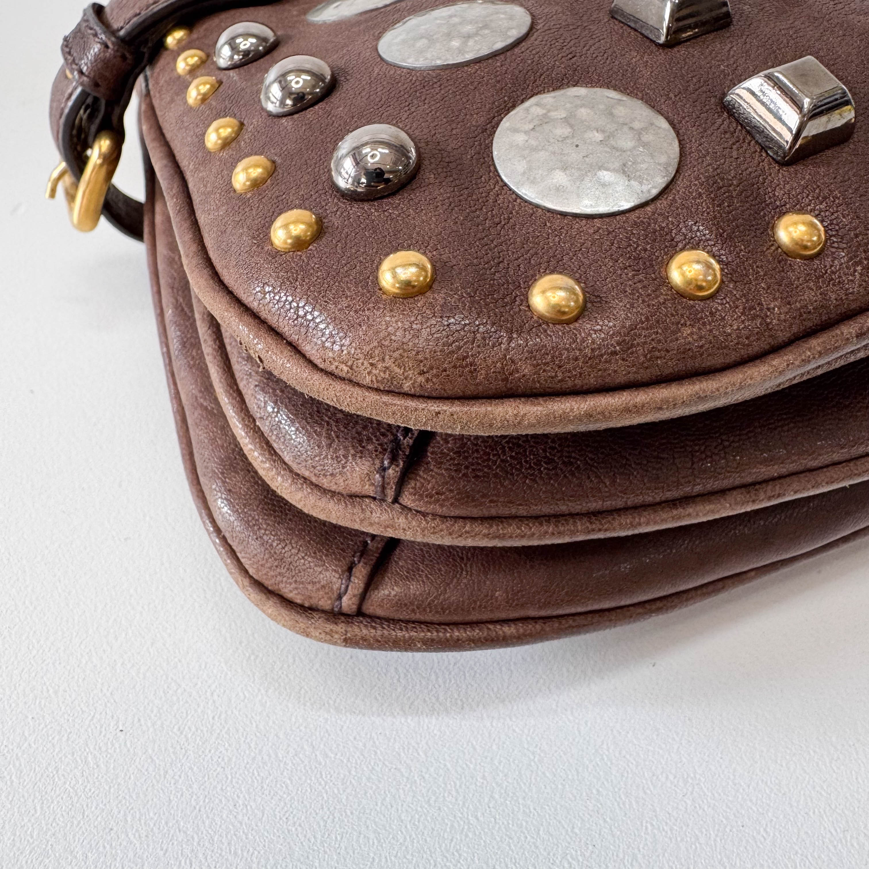 Brown Leather with Metal Studs Apliccation Bag