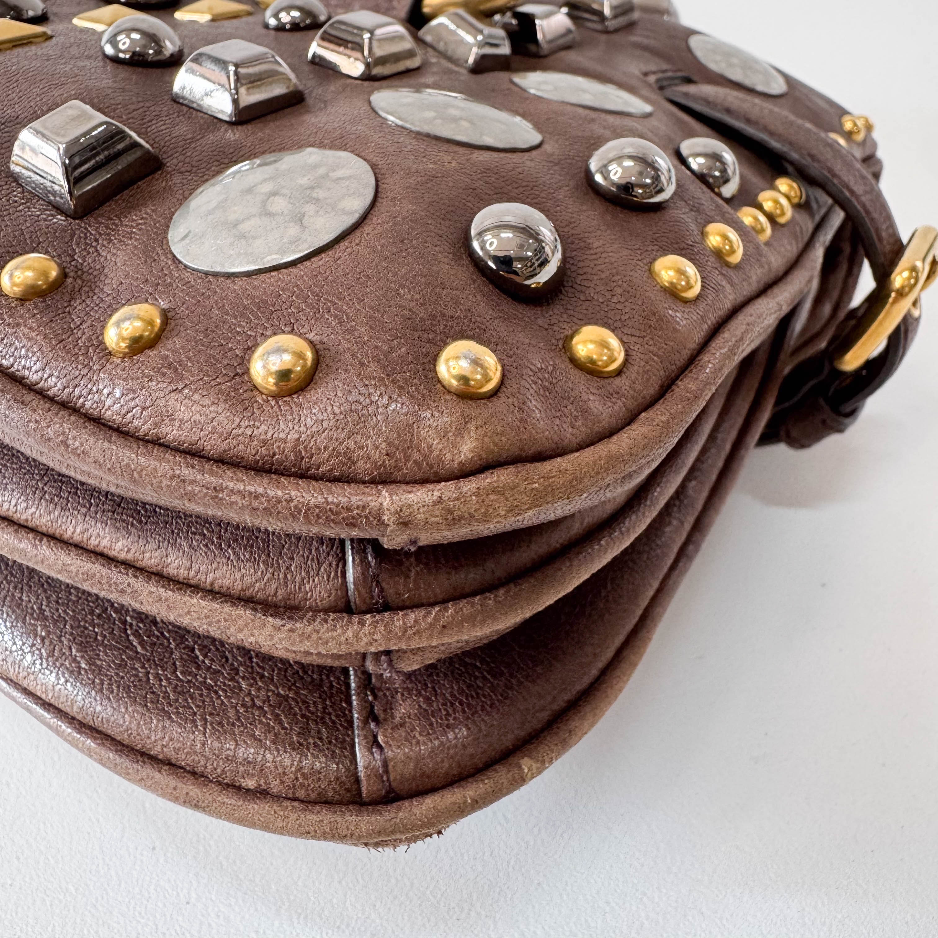 Brown Leather with Metal Studs Apliccation Bag