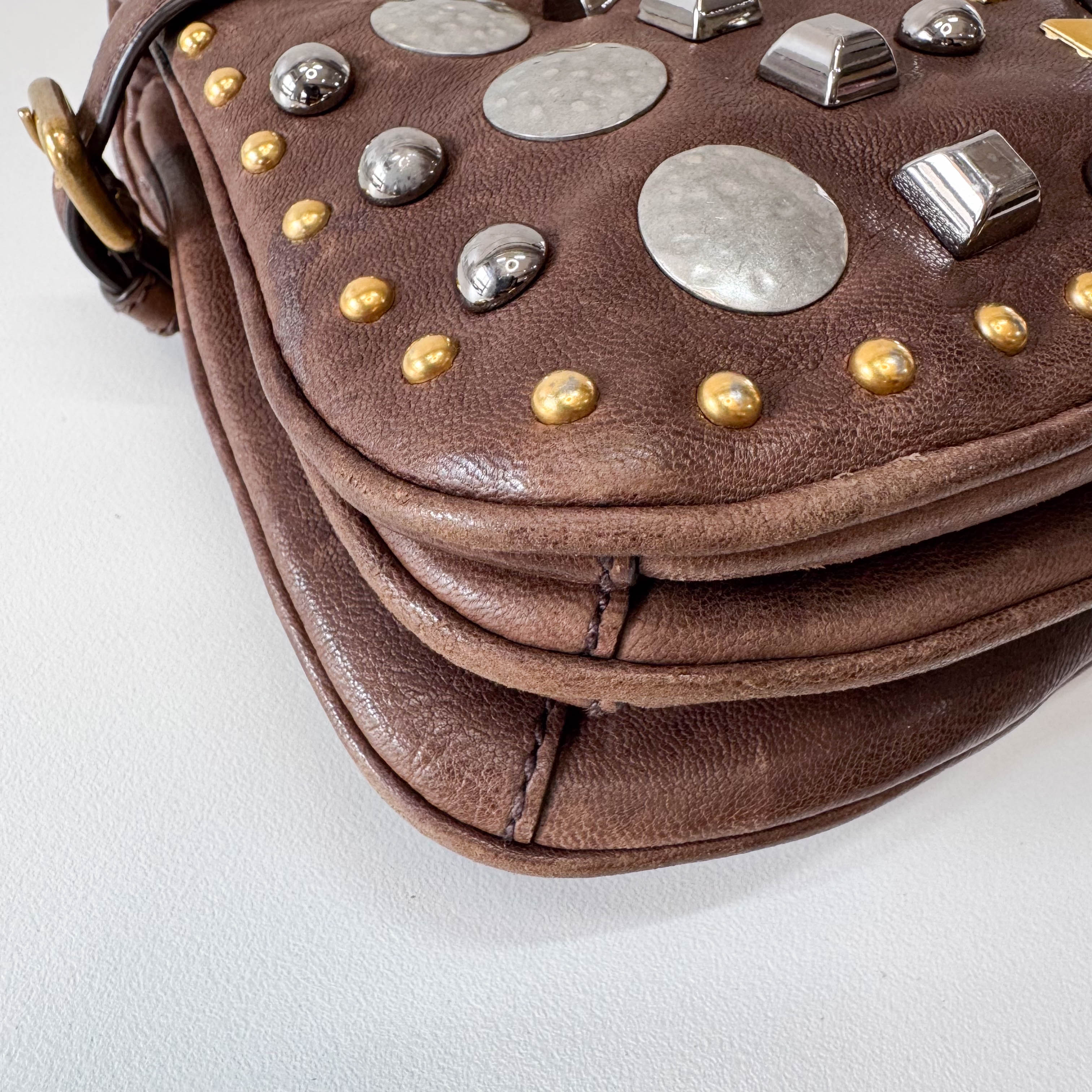 Brown Leather with Metal Studs Apliccation Bag