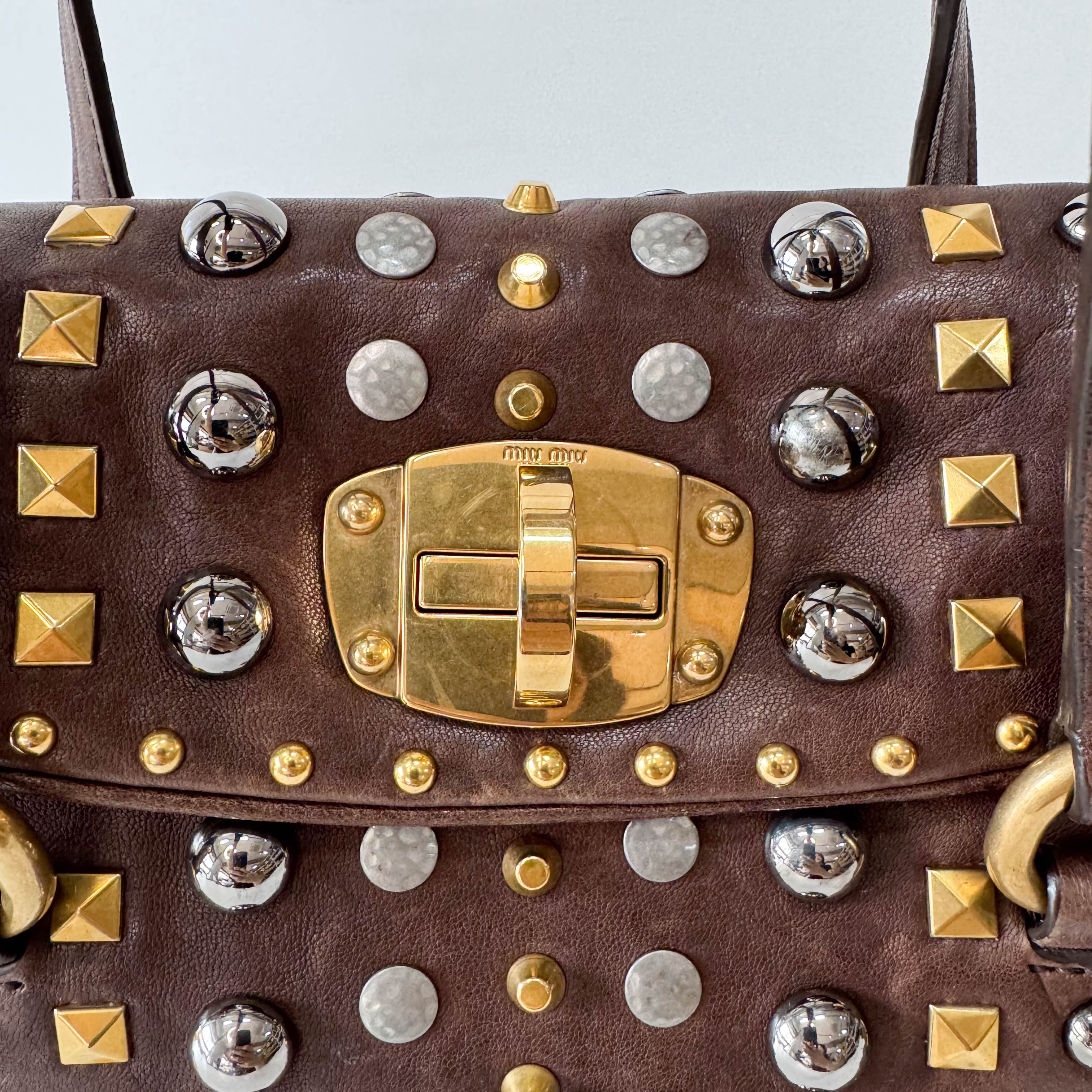 Brown Leather with Metal Studs Apliccation Bag