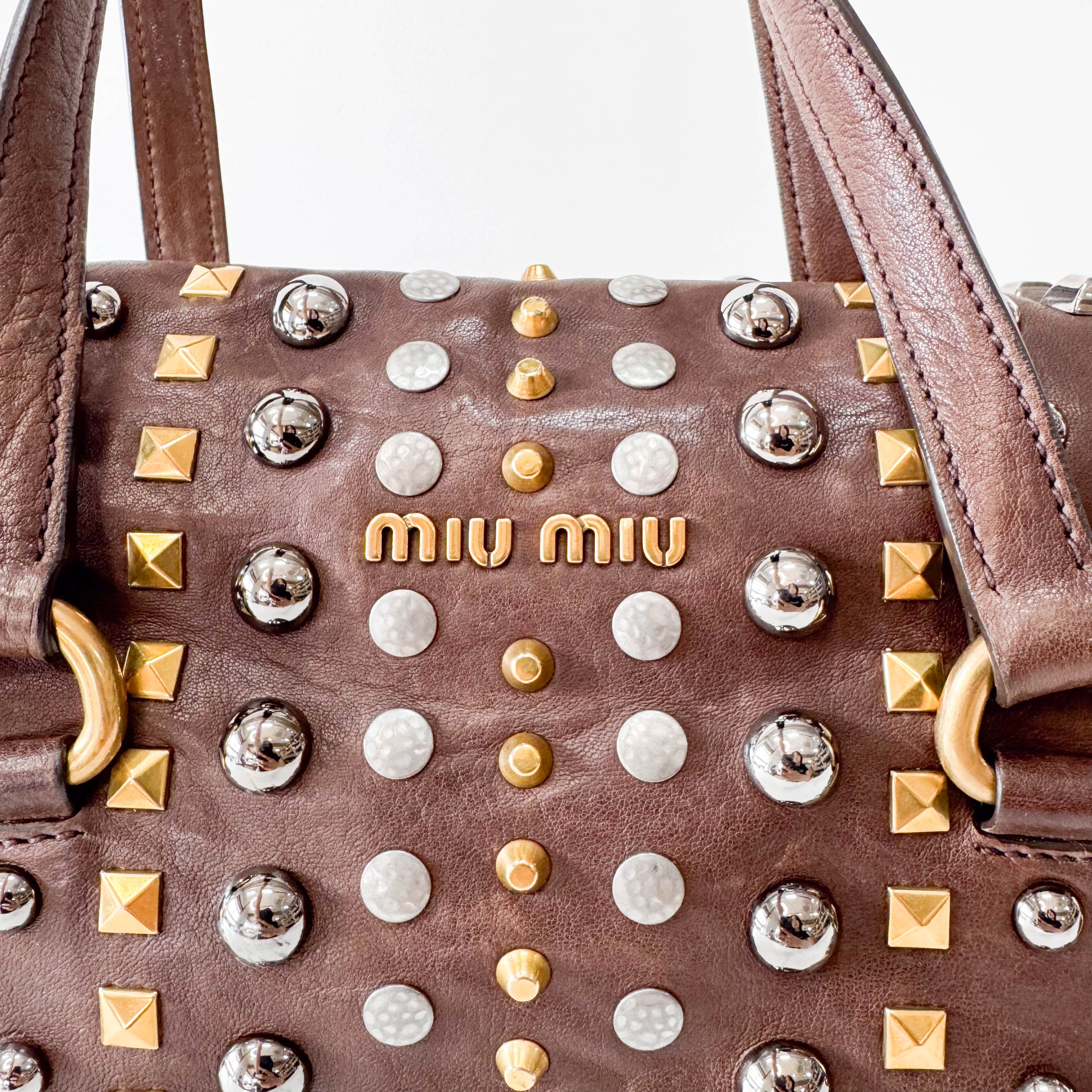 Brown Leather with Metal Studs Apliccation Bag