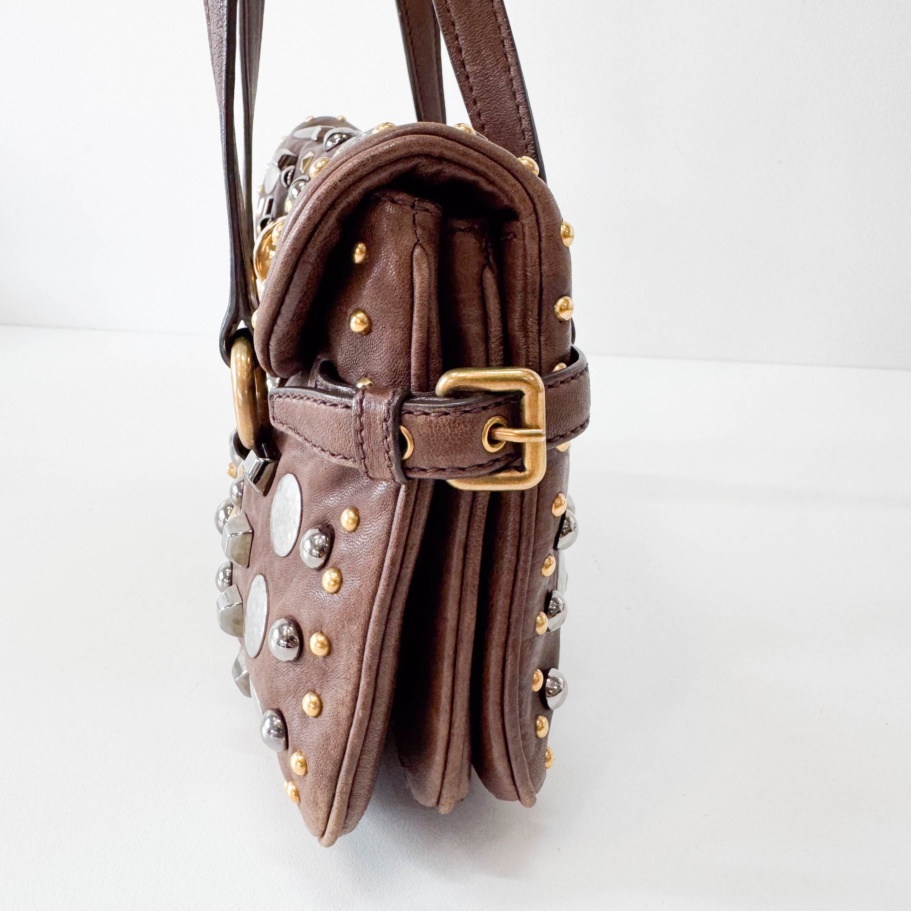 Brown Leather with Metal Studs Apliccation Bag