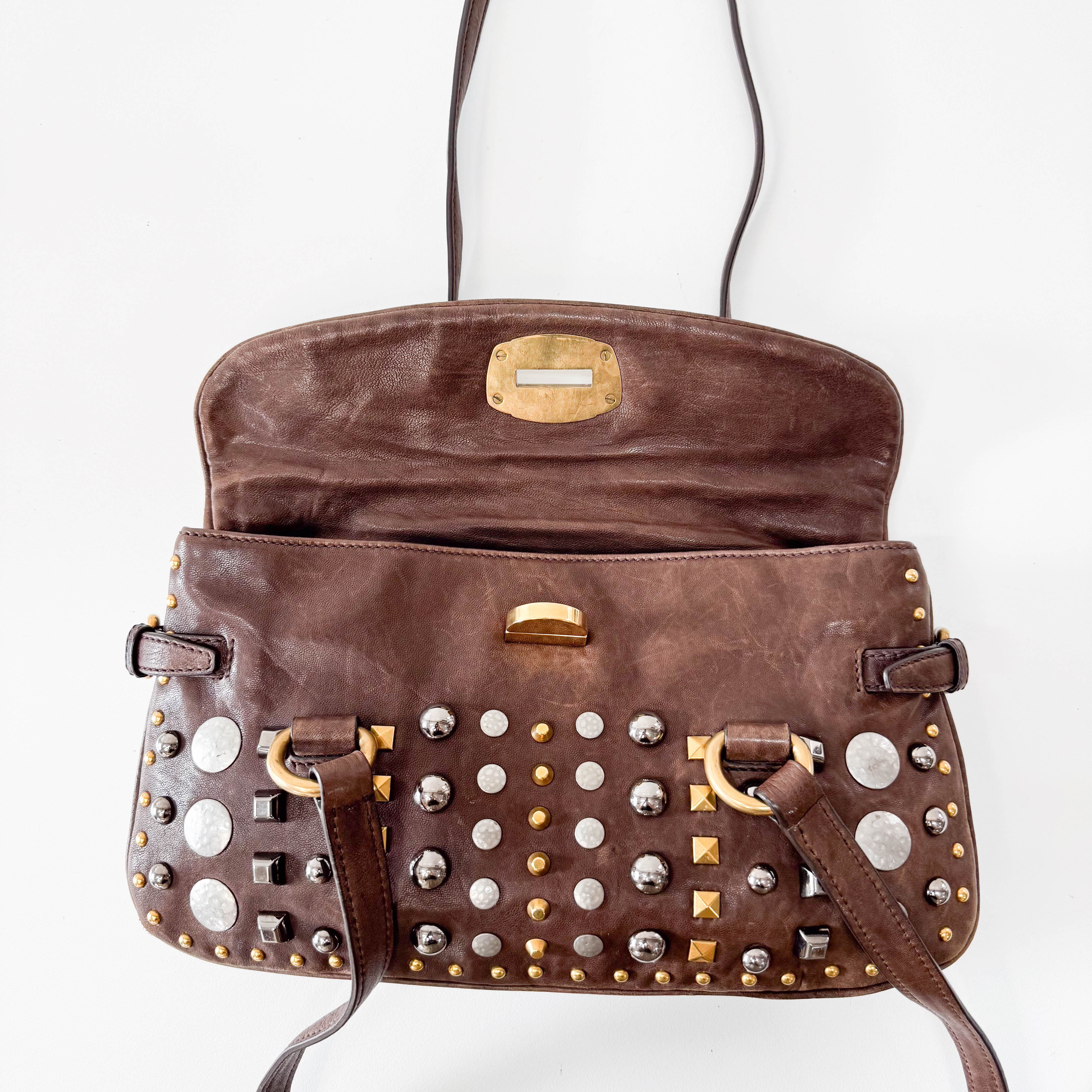 Brown Leather with Metal Studs Apliccation Bag