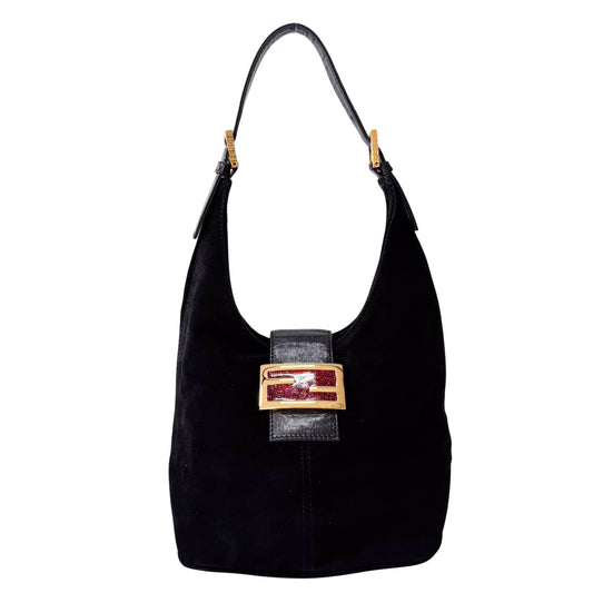 Black Suede Red FF Buckle Hobo Bag