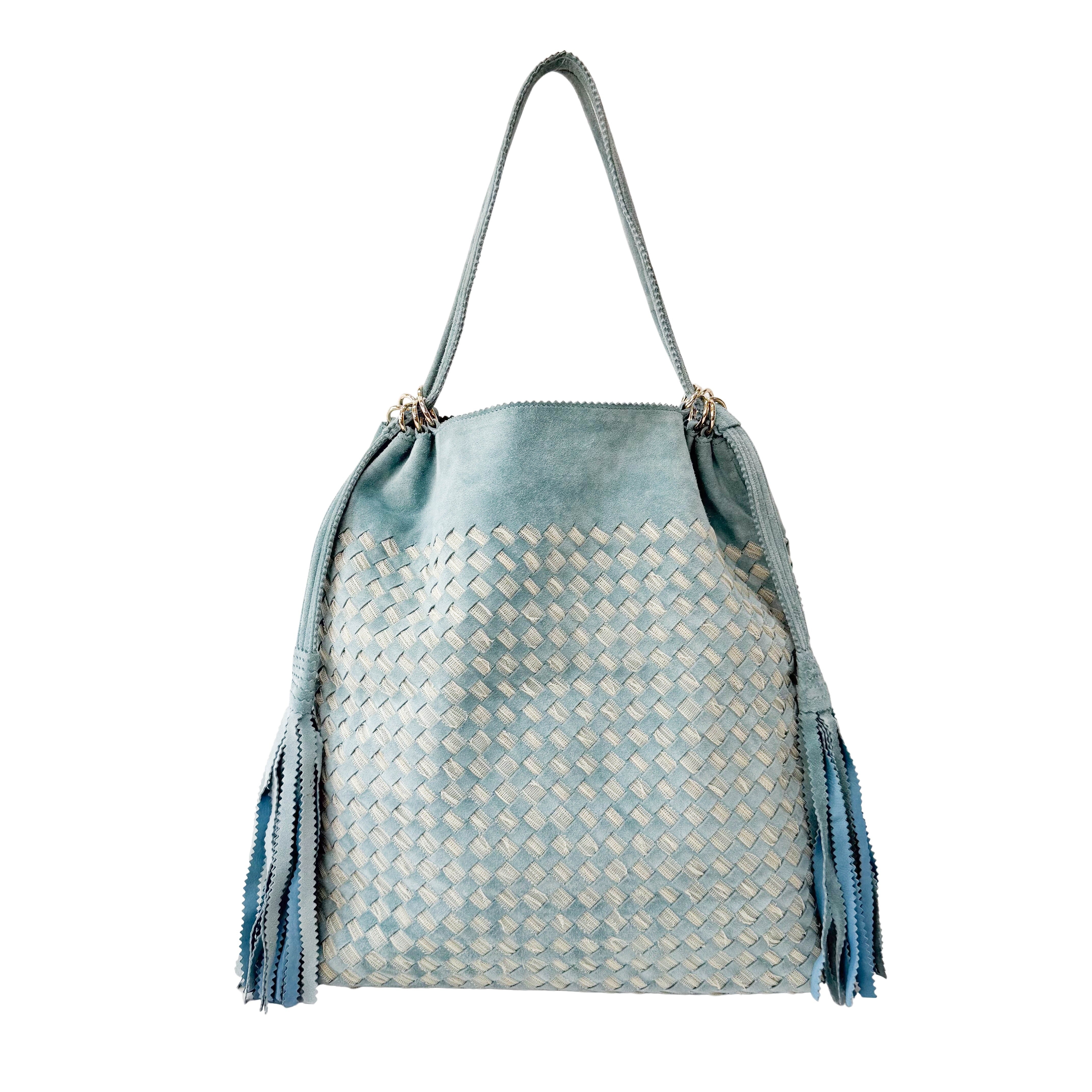 Intrecciato Lace Detail Blue Suede Bag