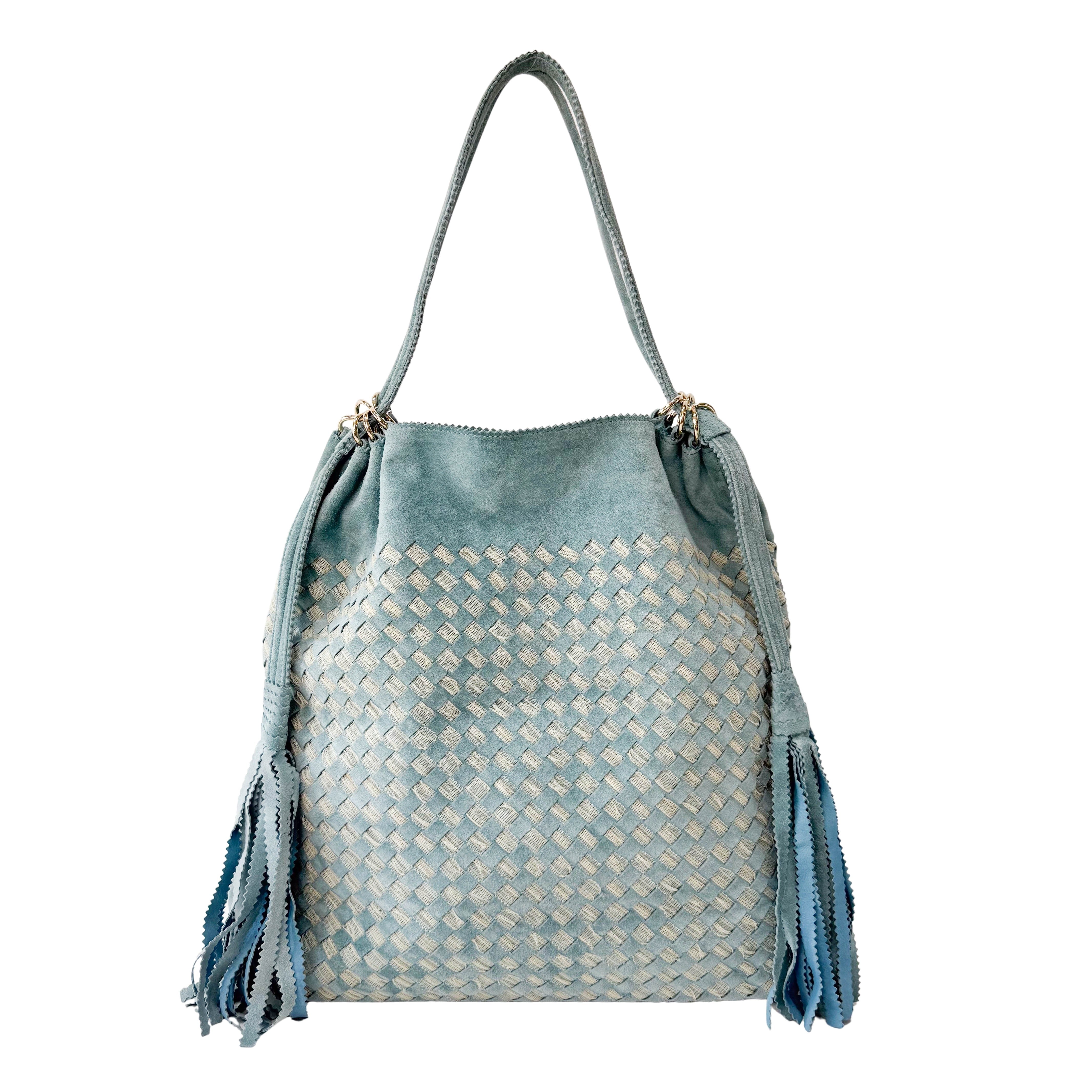 Intrecciato Lace Detail Blue Suede Bag