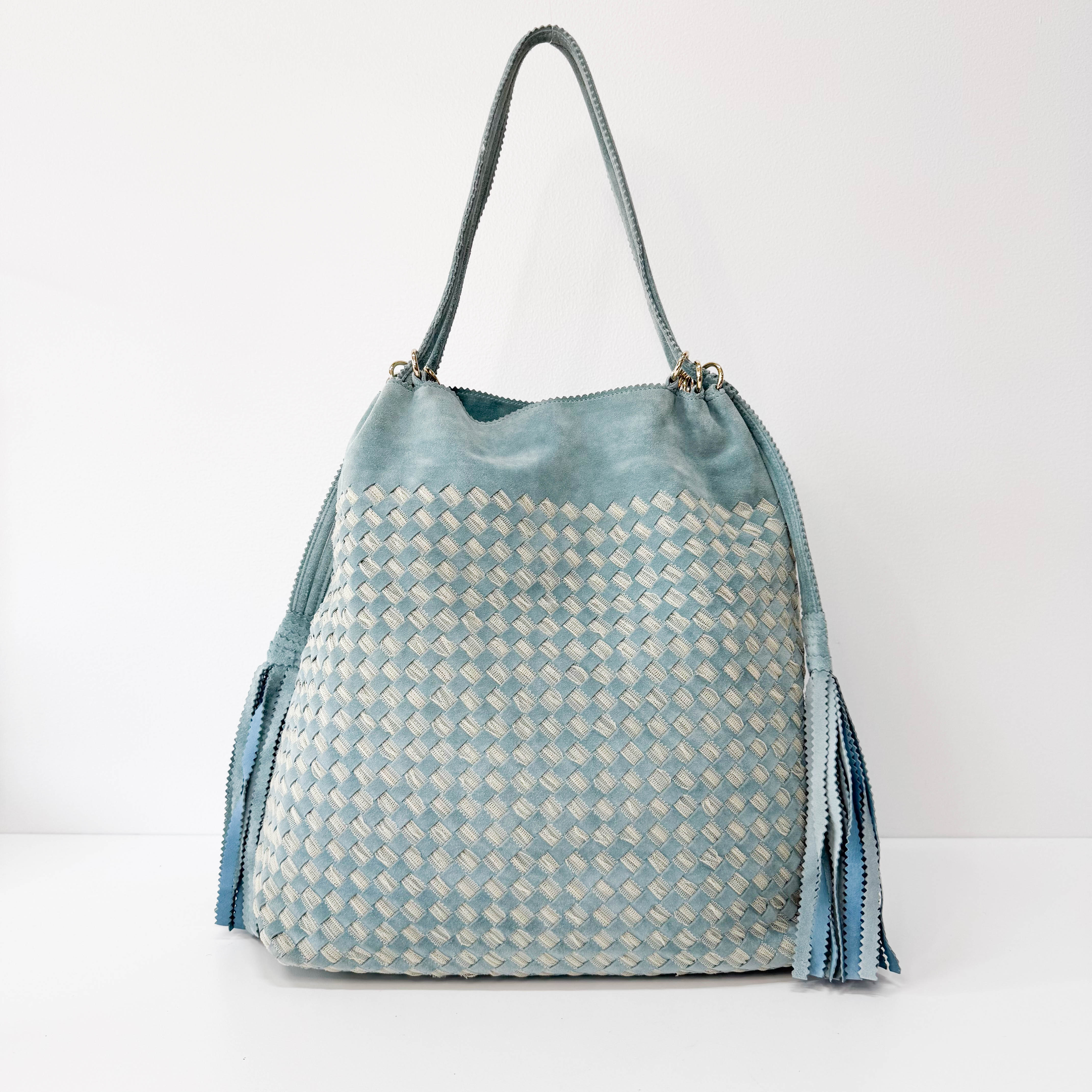 Intrecciato Lace Detail Blue Suede Bag