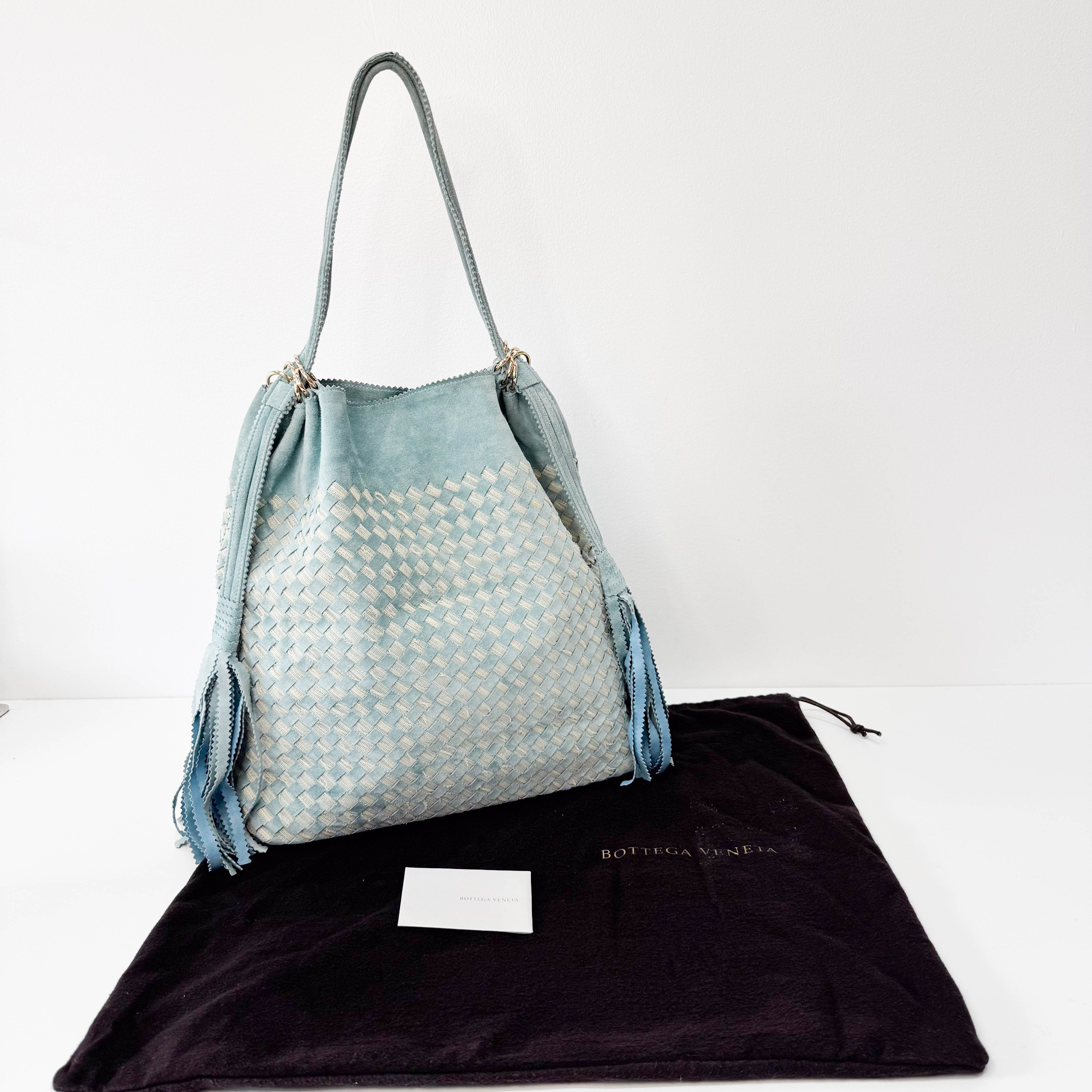 Intrecciato Lace Detail Blue Suede Bag