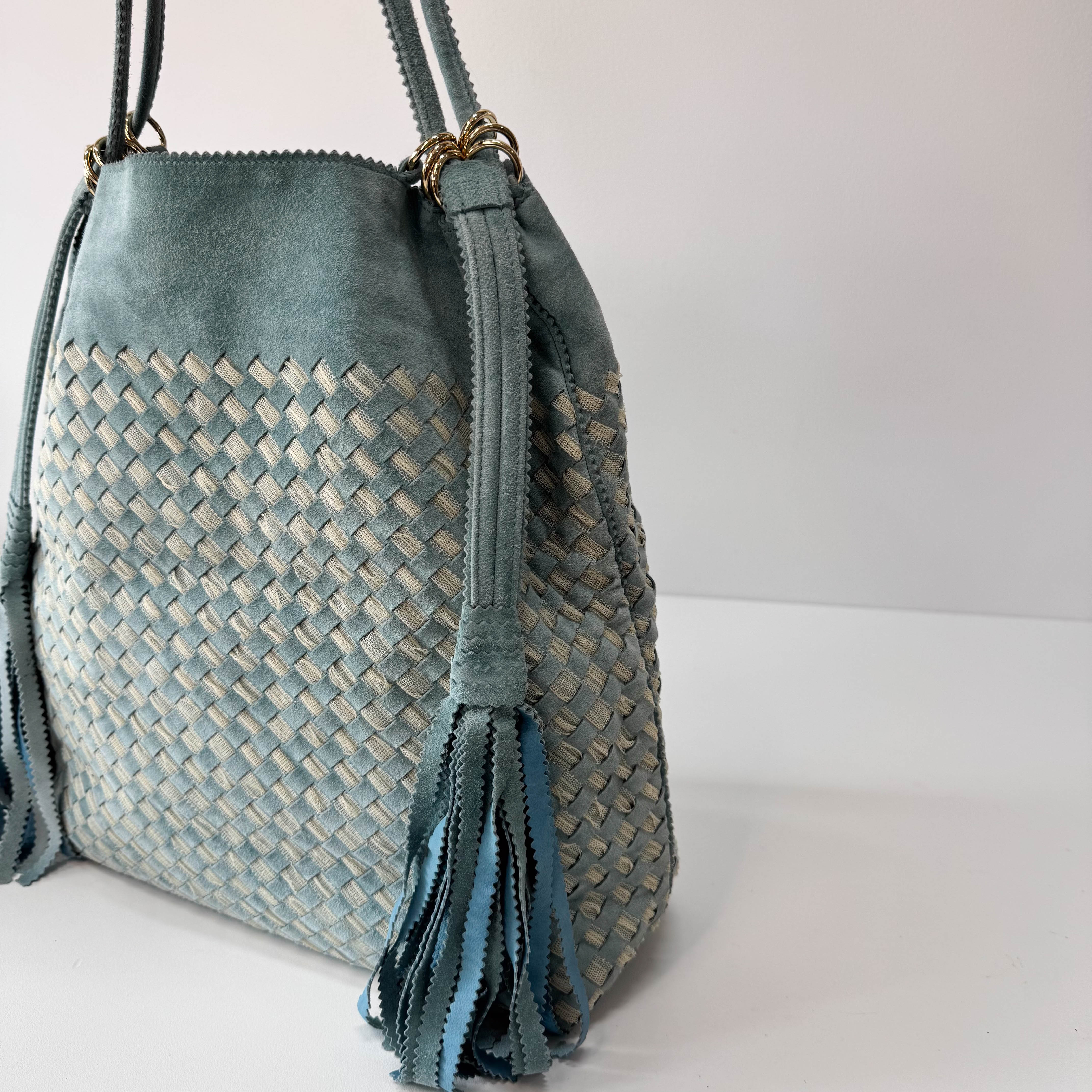 Intrecciato Lace Detail Blue Suede Bag