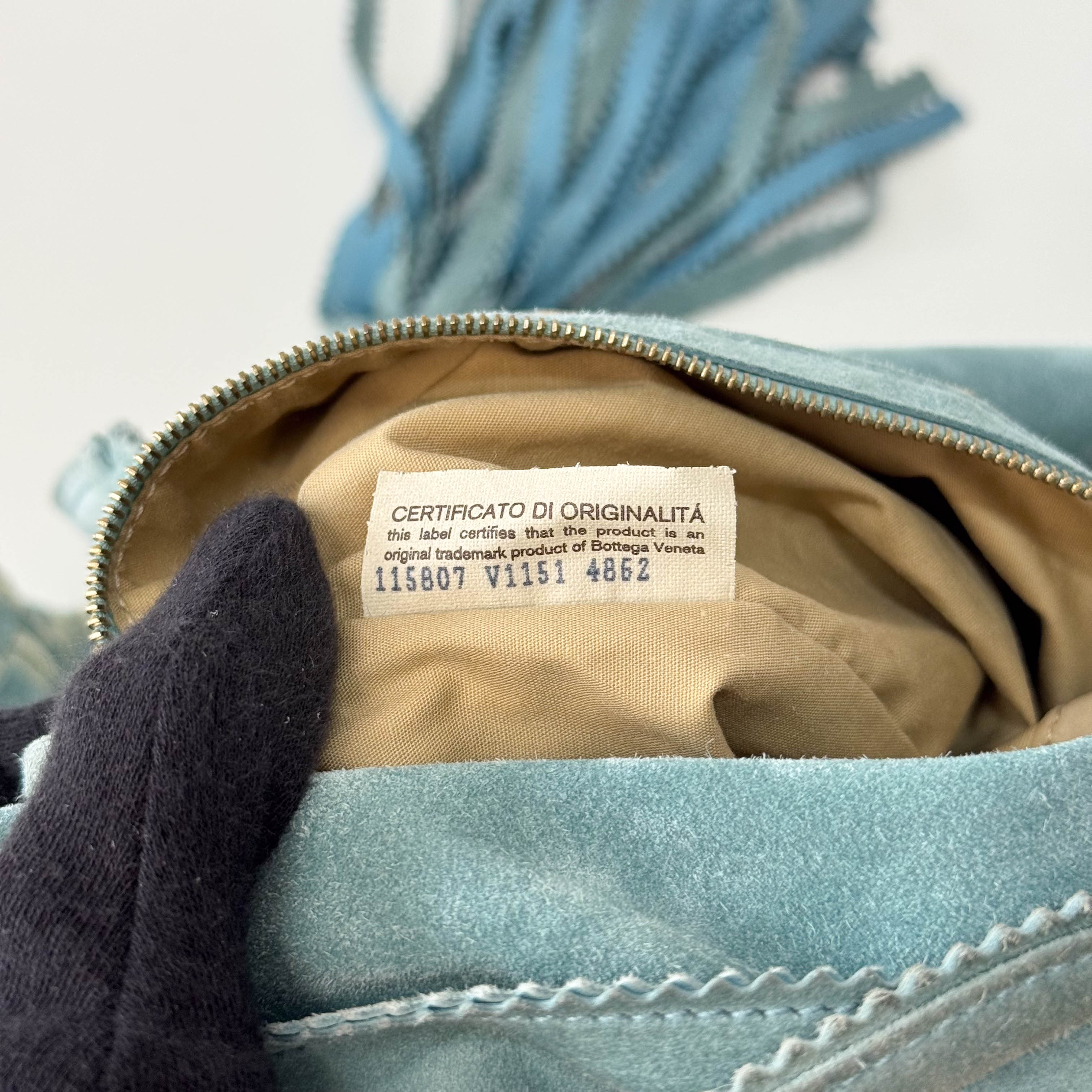 Intrecciato Lace Detail Blue Suede Bag