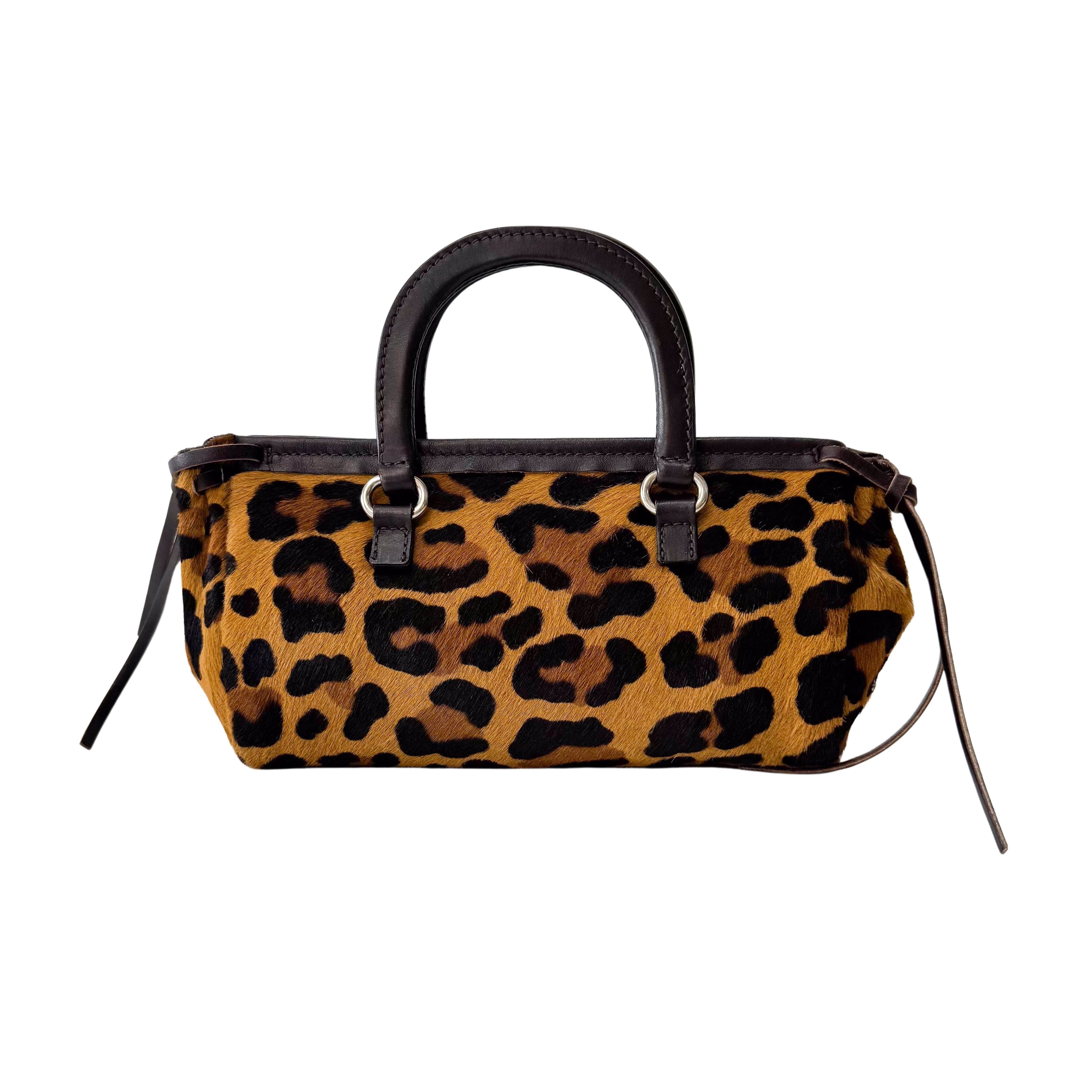 Leopard Print Pony Hair Mini Handle Bag