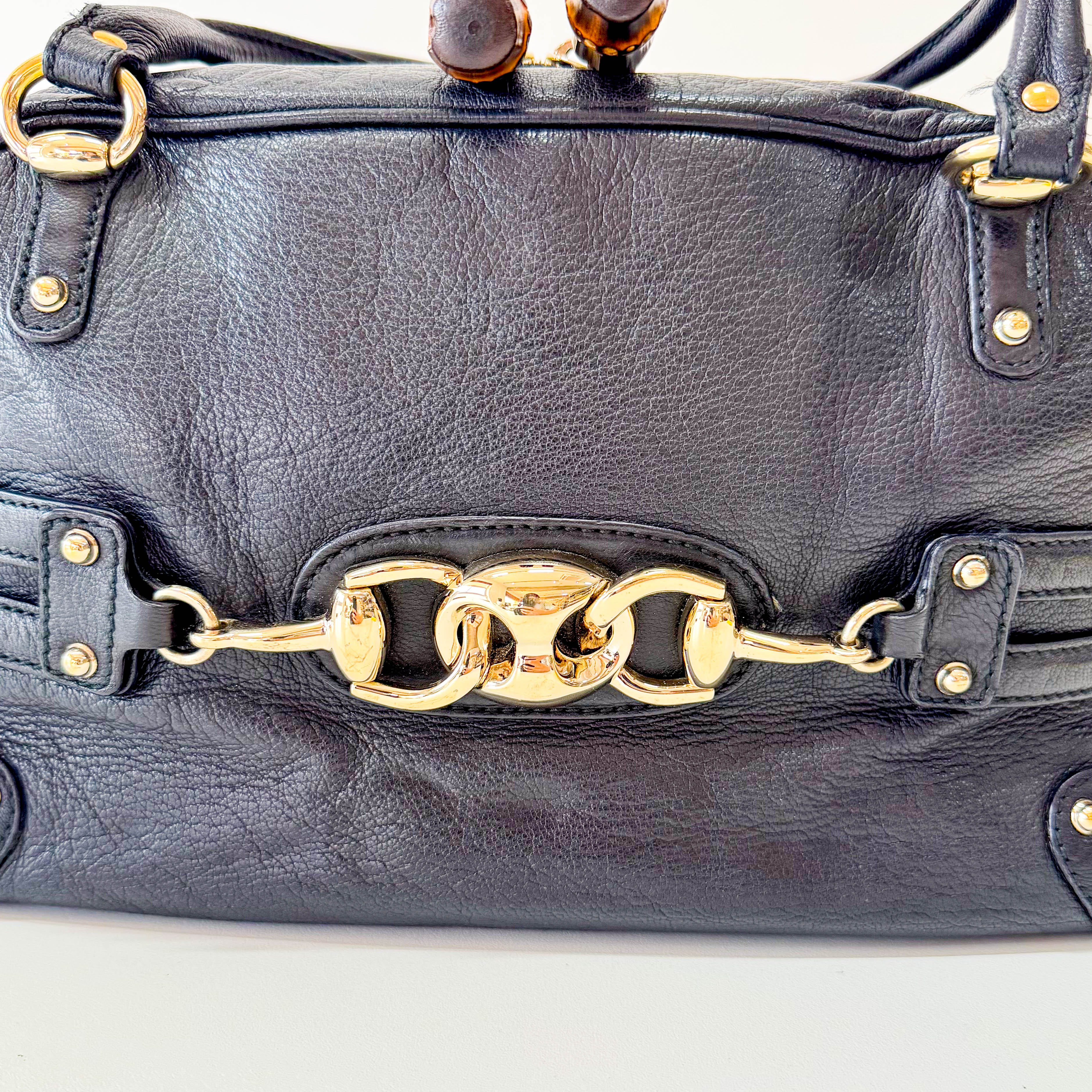 Horsebit in Black Leather and Bamboo Detail Shoulder Bag
