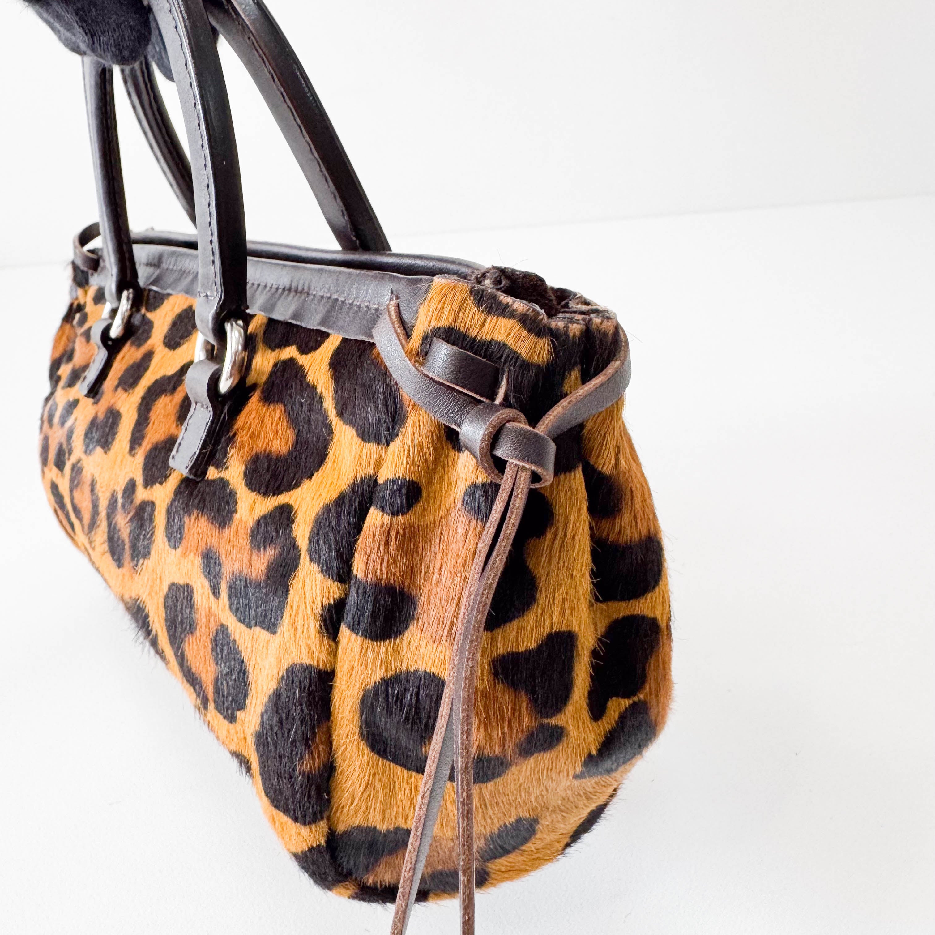 Leopard Print Pony Hair Mini Handle Bag