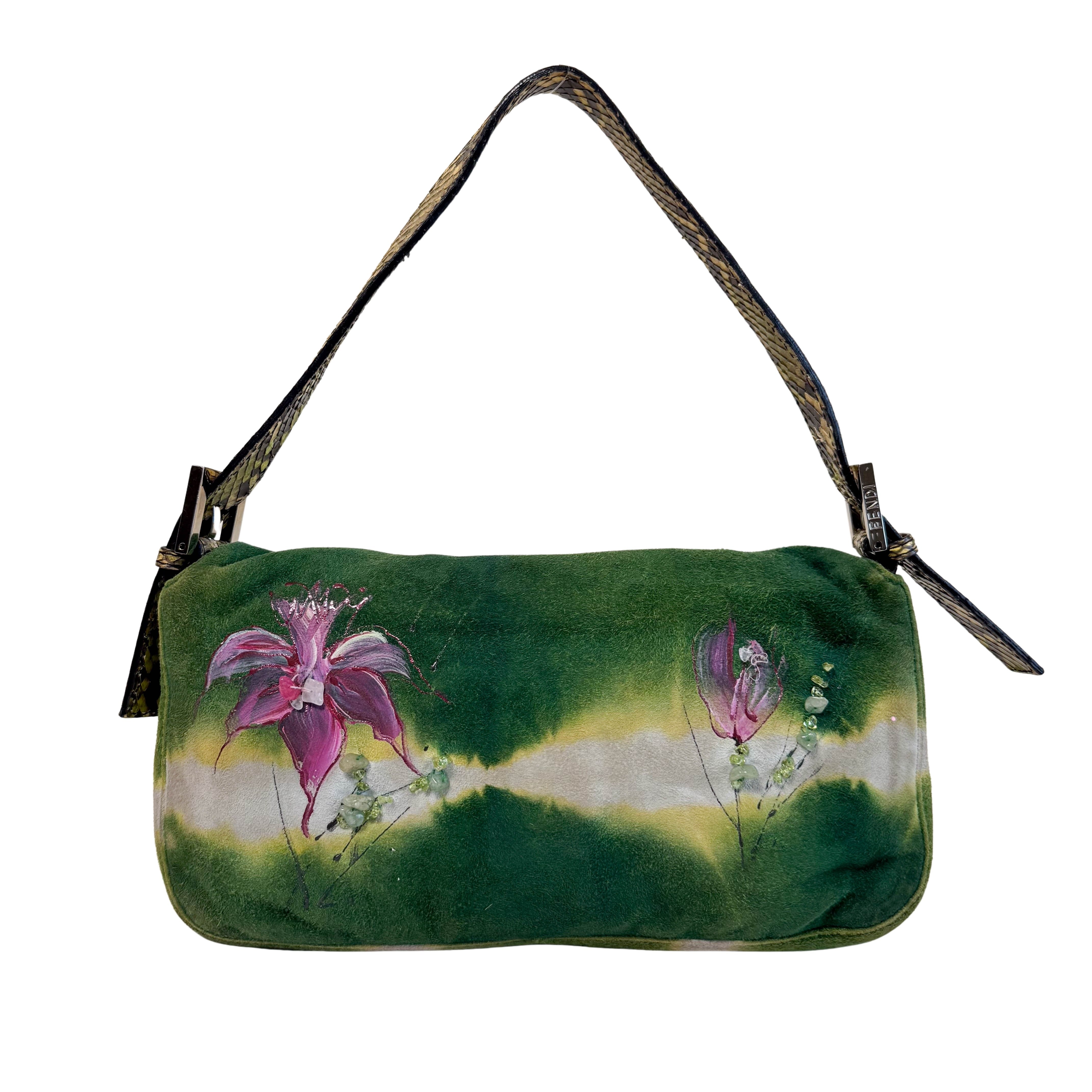 Baguette Green Suede Flower Design Shoulder Bag