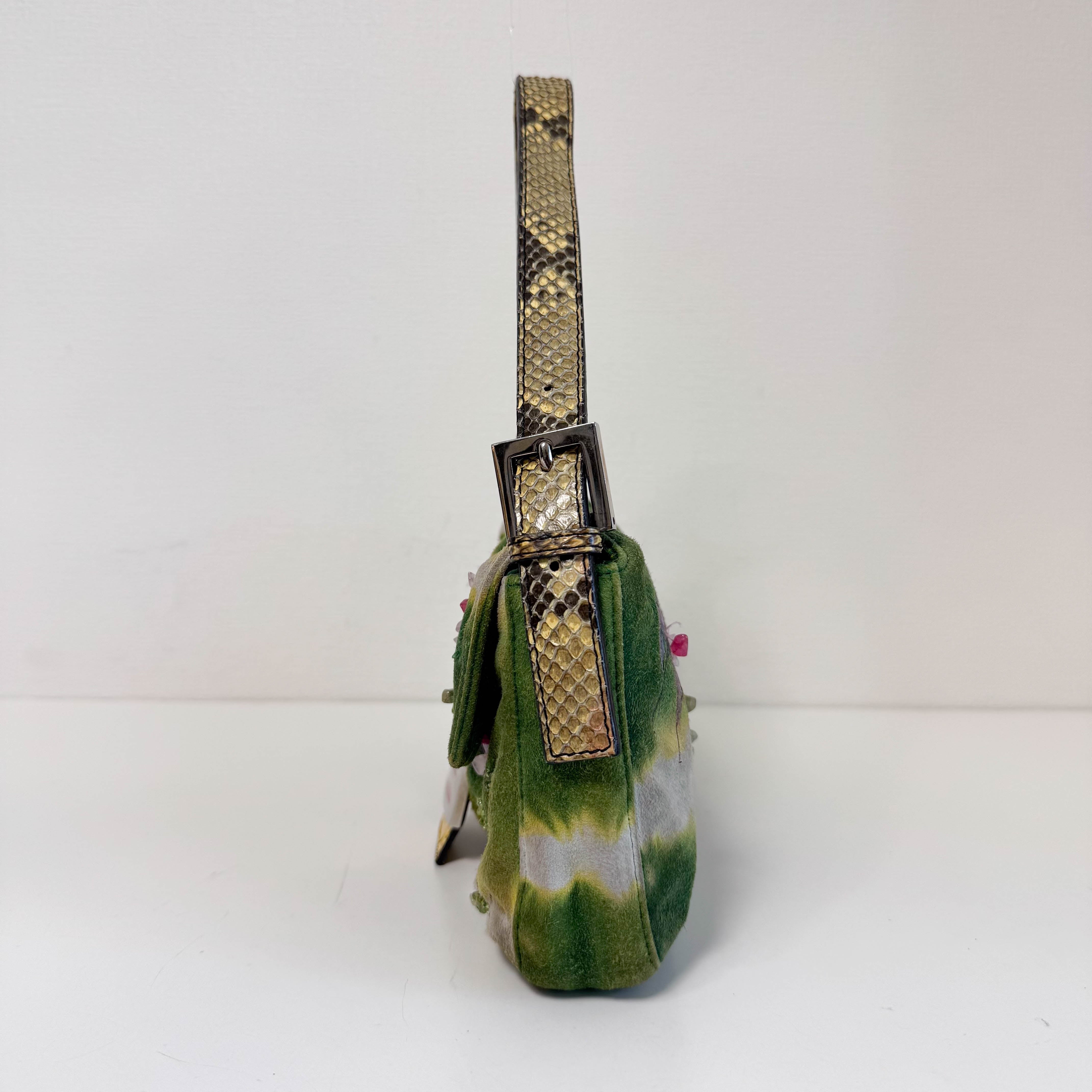 Baguette Green Suede Flower Design Shoulder Bag