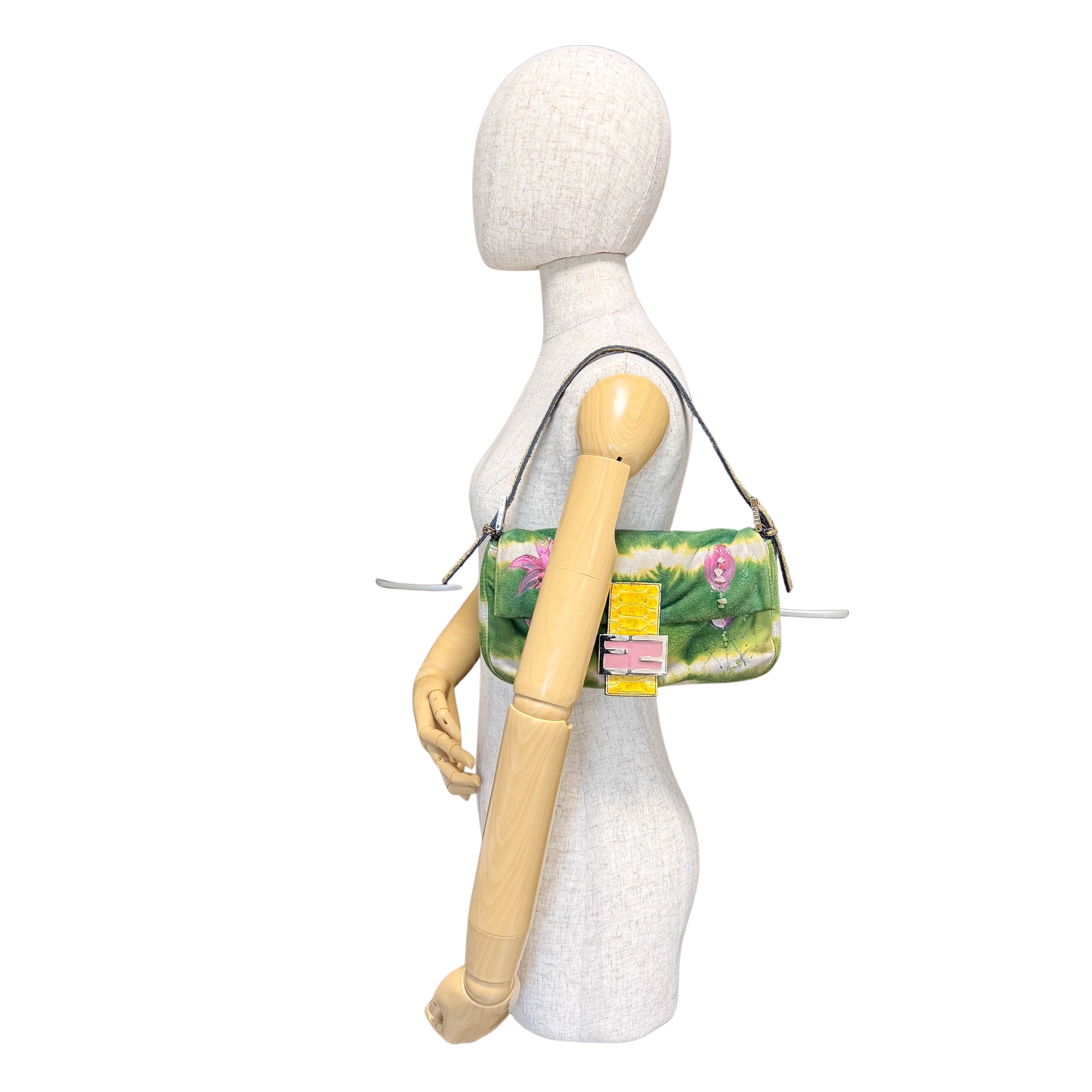 Baguette Green Suede Flower Design Shoulder Bag