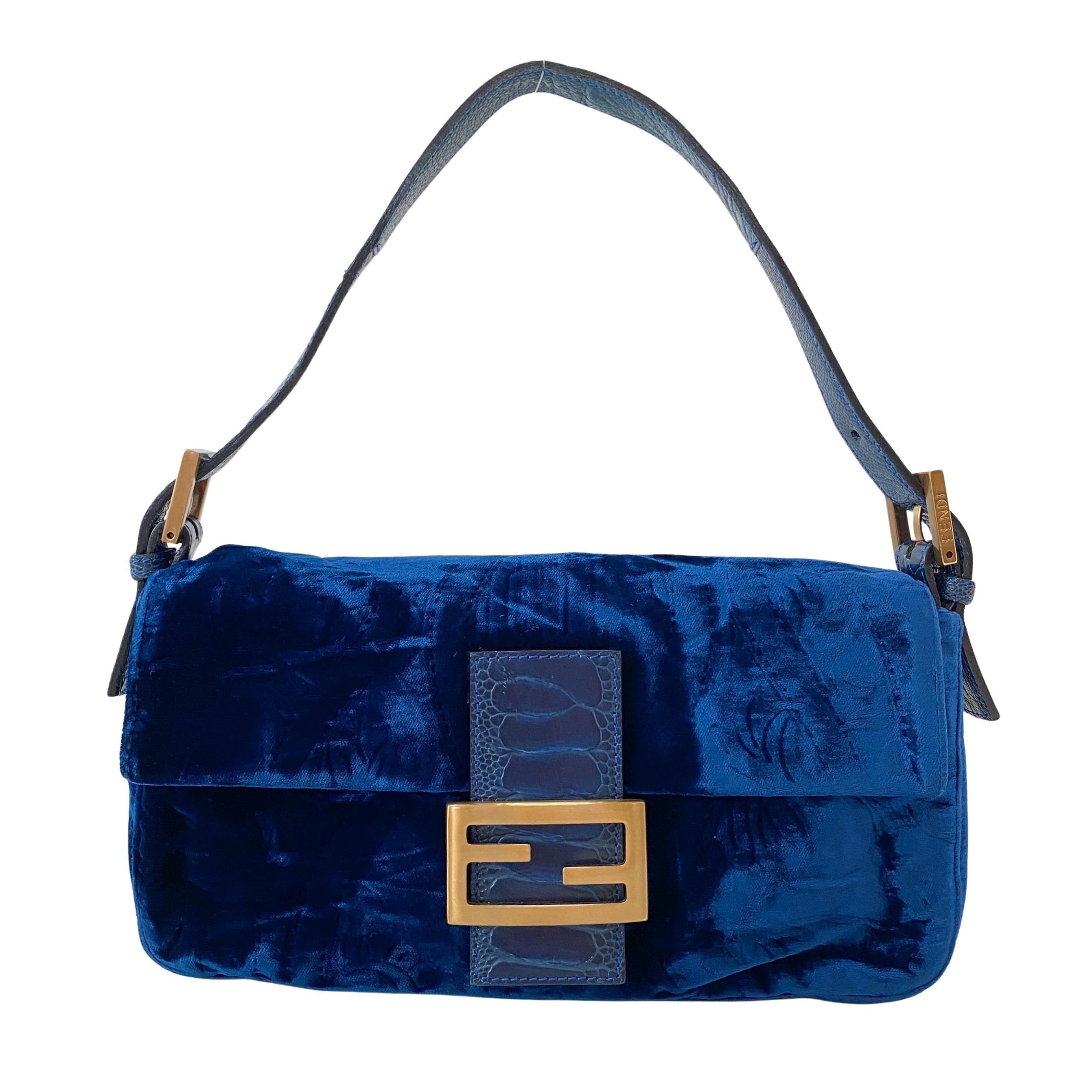 Baguette Blue Velvet Shoulder Bag
