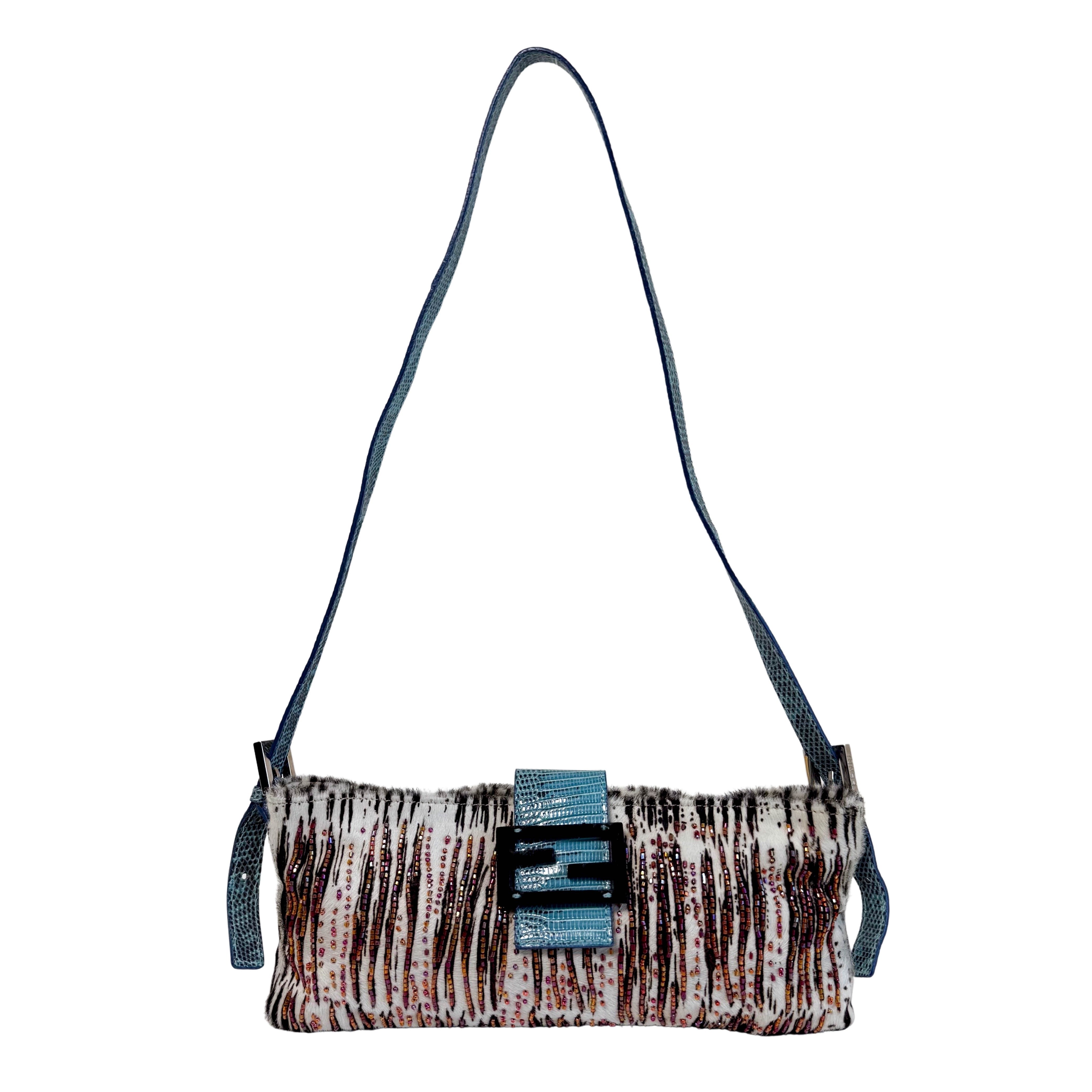 Baguette Zebra Pony Hair with Beaded Shoulder Bag