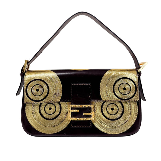 Baguette Limited Edition Brown Leather Gold Printed Shoulder Bag