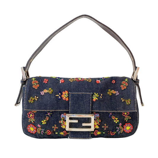 Limited Edition Baguette Denim Beaded Shoulder Bag