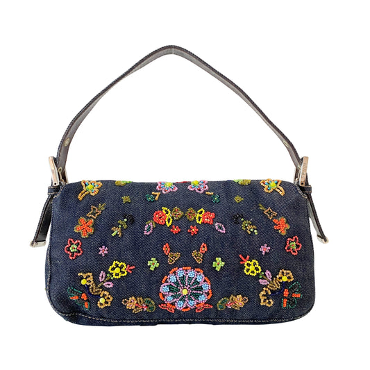 Limited Edition Baguette Denim Beaded Shoulder Bag