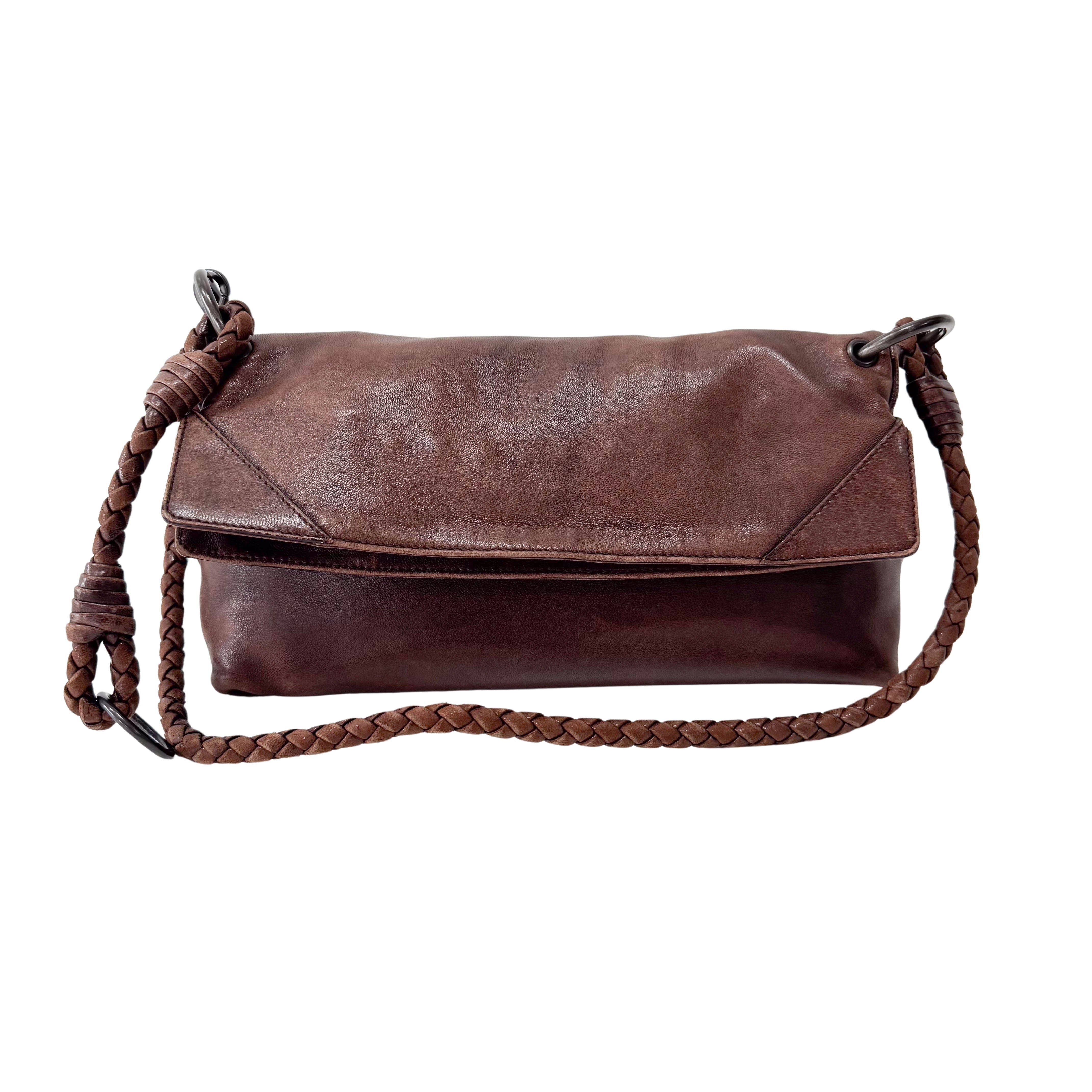 Brown Leather Intrecciato Strap Shoulder Bag