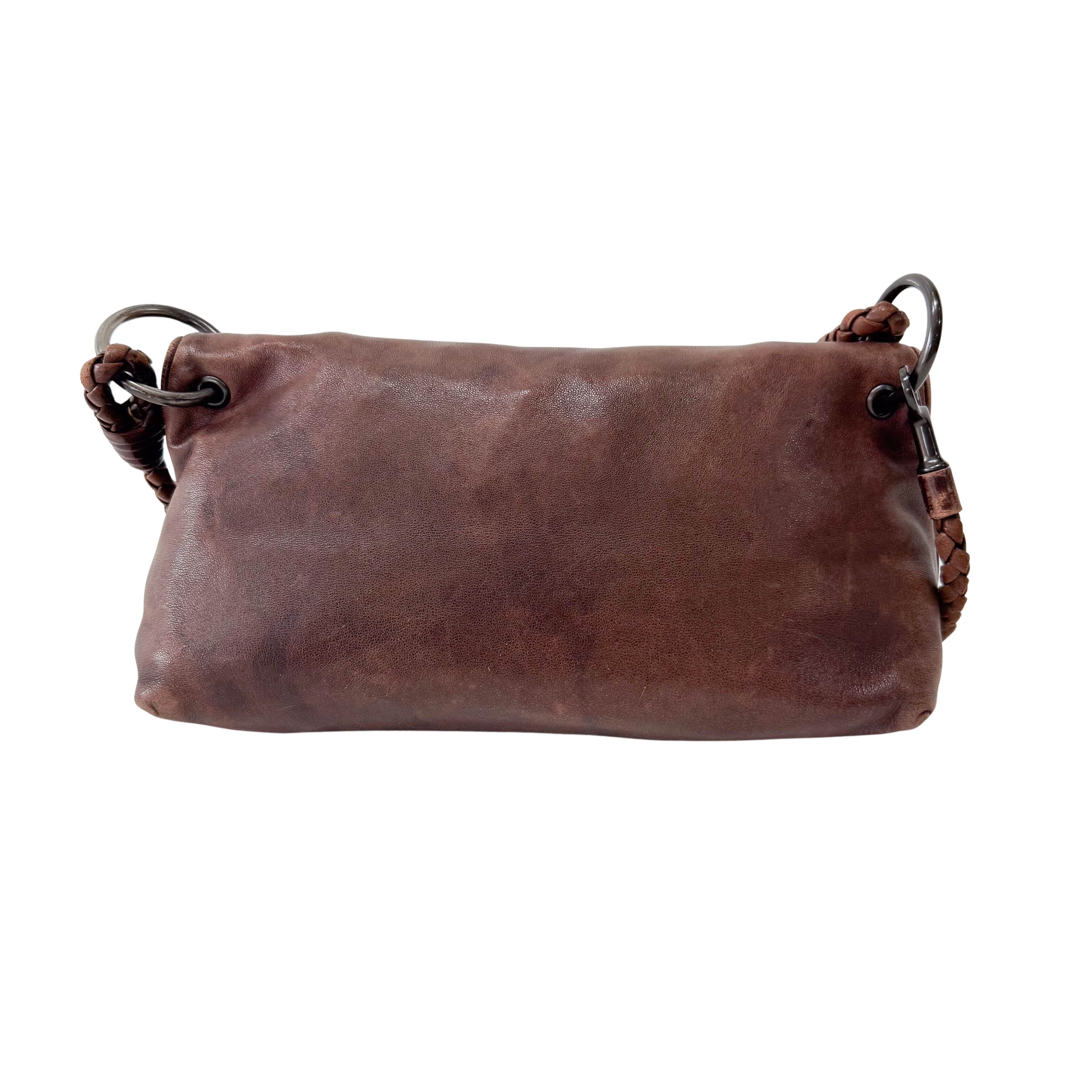 Brown Leather Intrecciato Strap Shoulder Bag