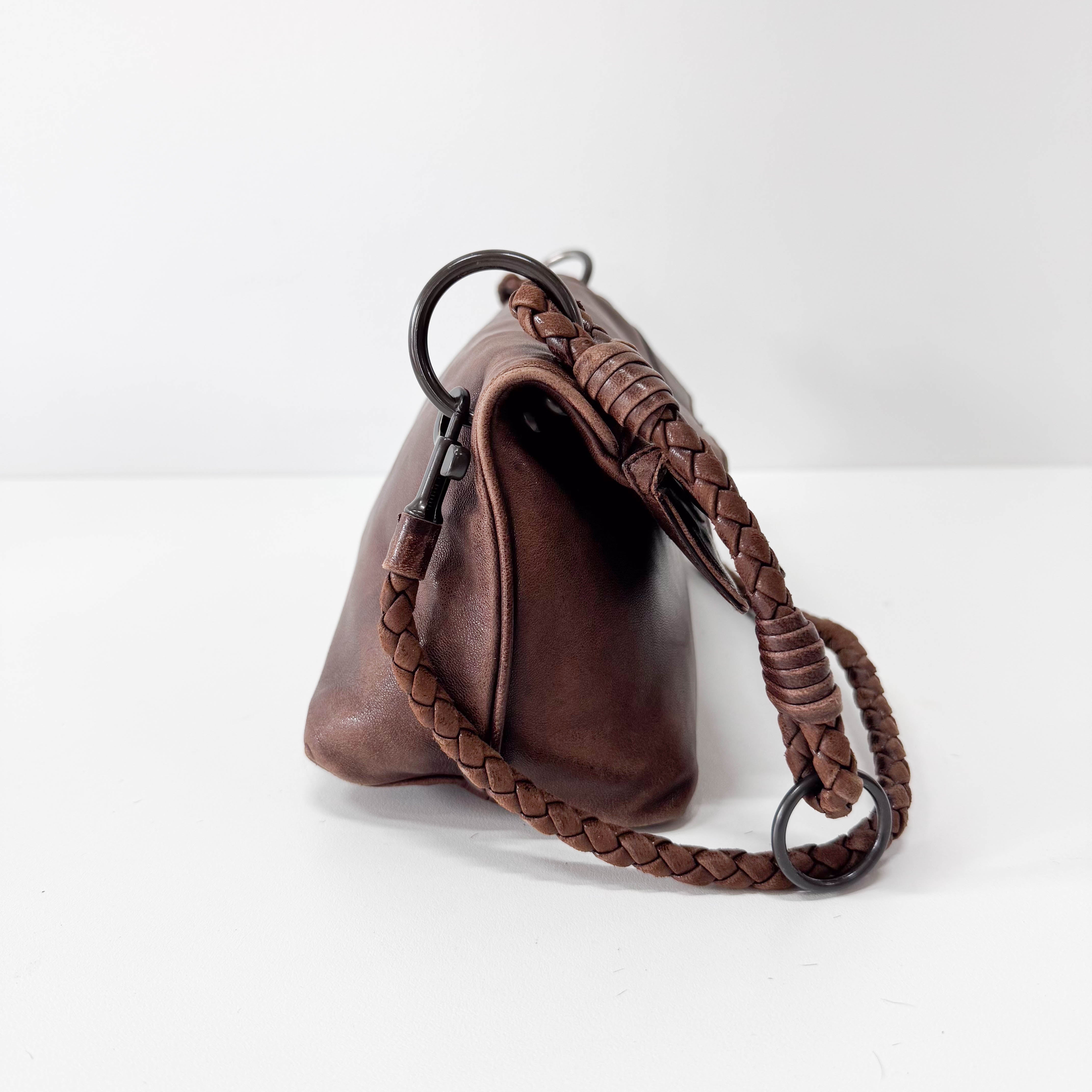 Brown Leather Intrecciato Strap Shoulder Bag