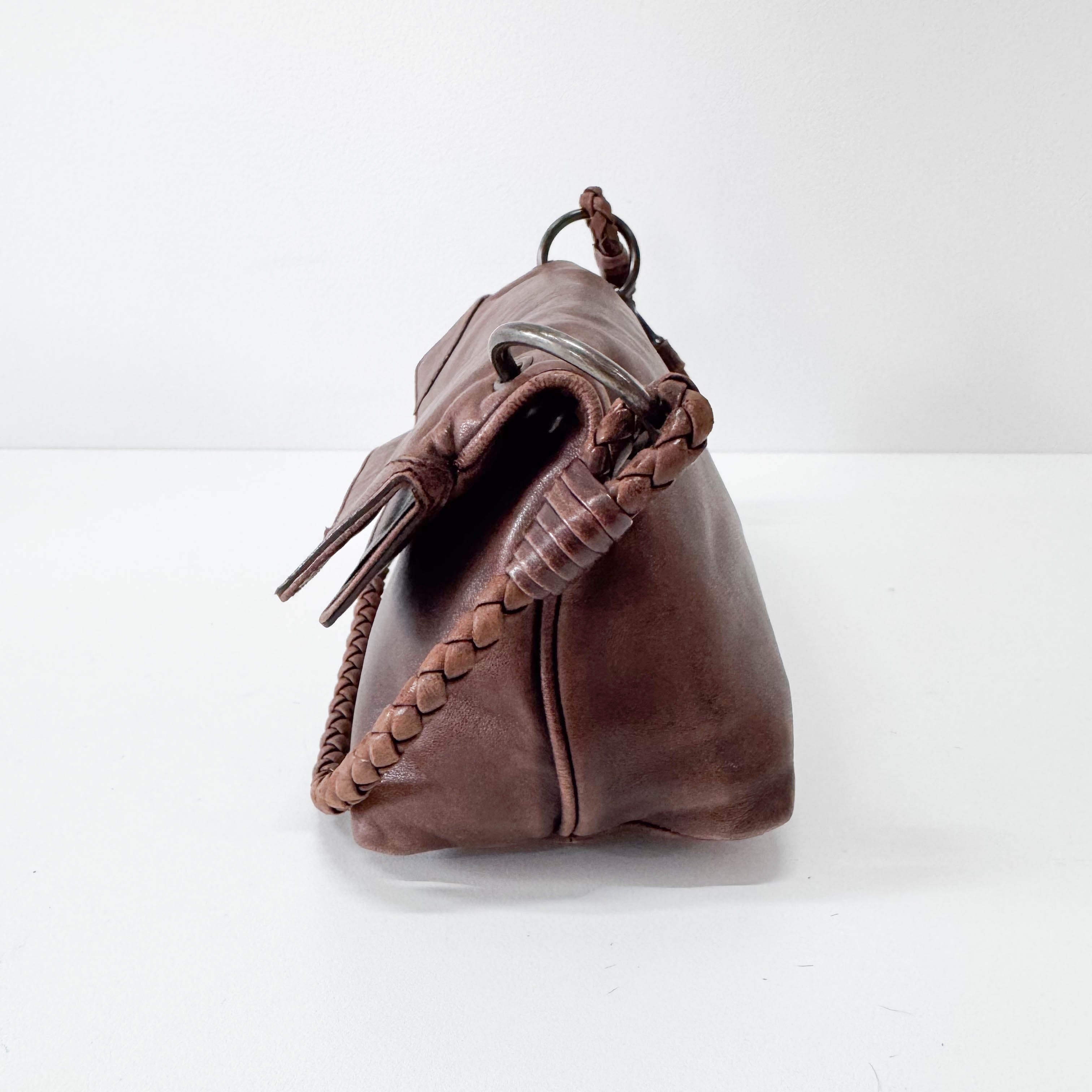 Brown Leather Intrecciato Strap Shoulder Bag