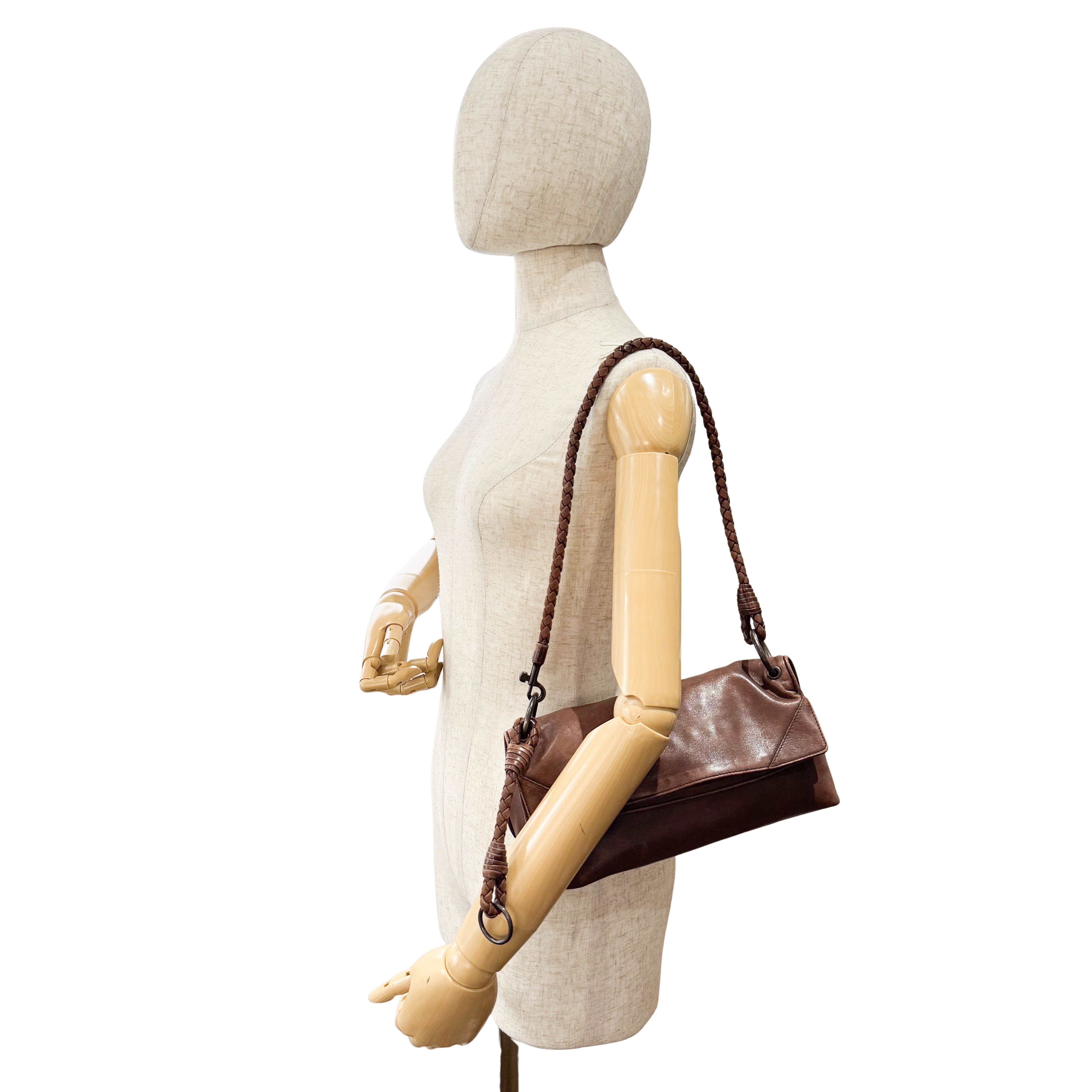 Brown Leather Intrecciato Strap Shoulder Bag