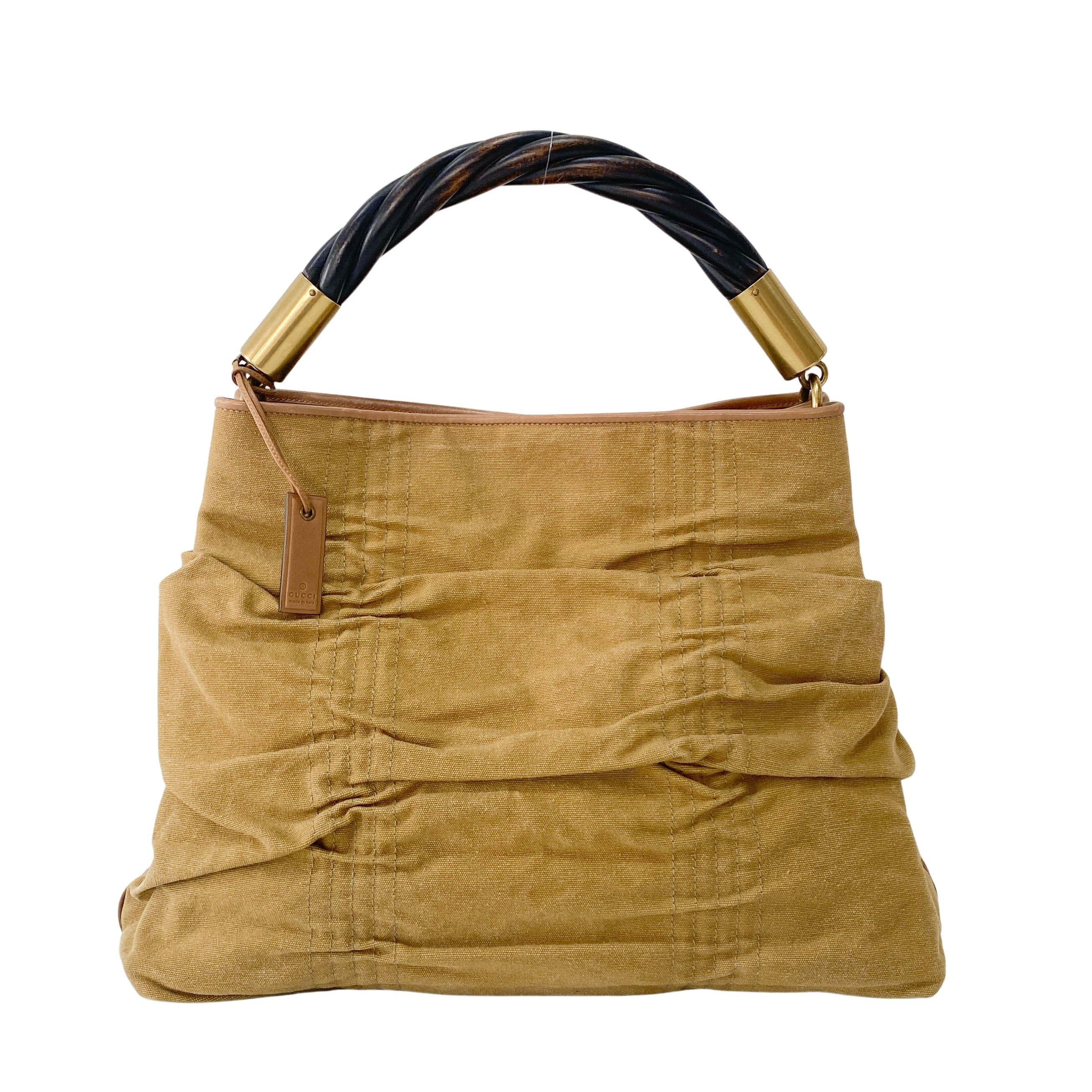 Khaki Brown Cotton Canvas with Interwined Wood Handle Bag