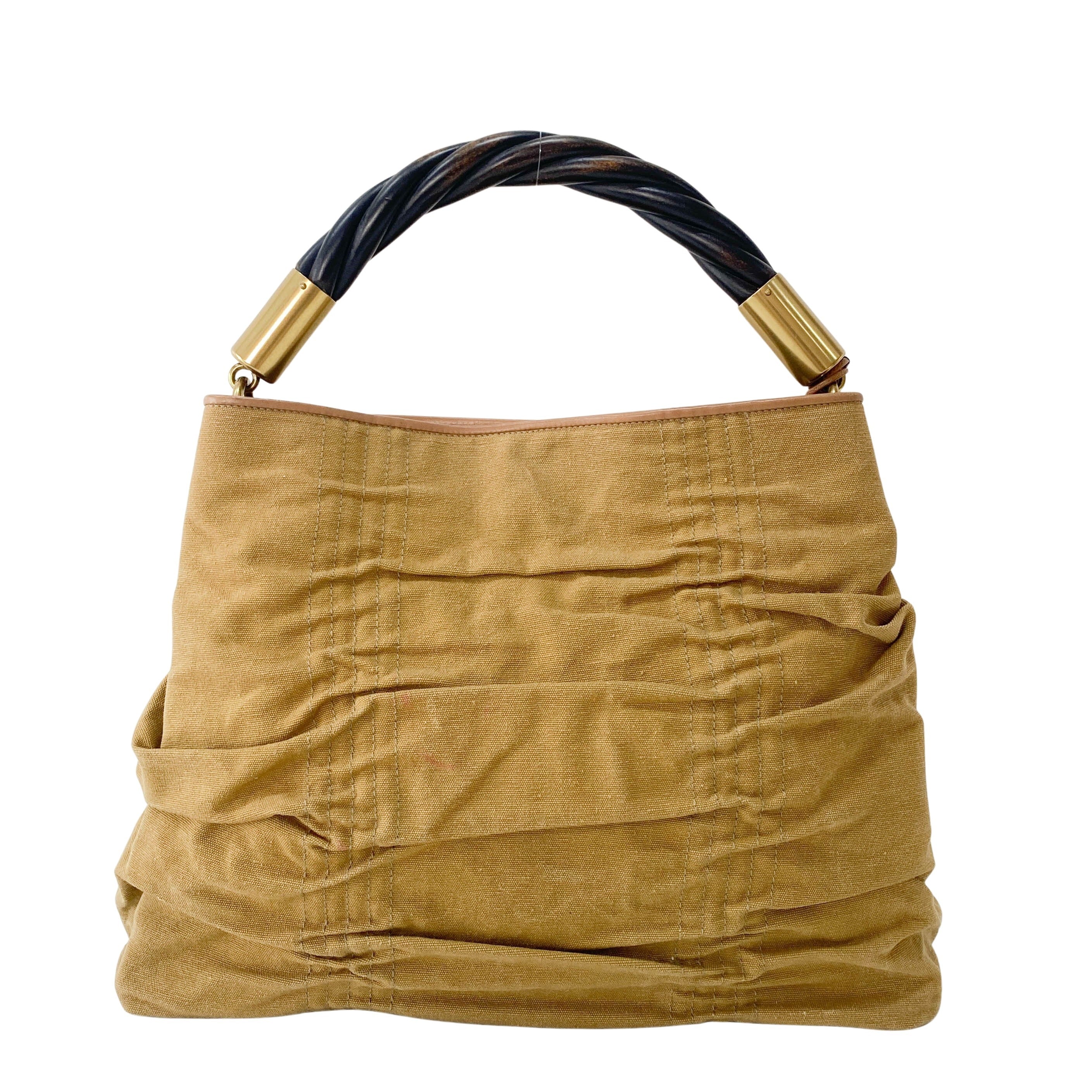 Khaki Brown Cotton Canvas with Interwined Wood Handle Bag